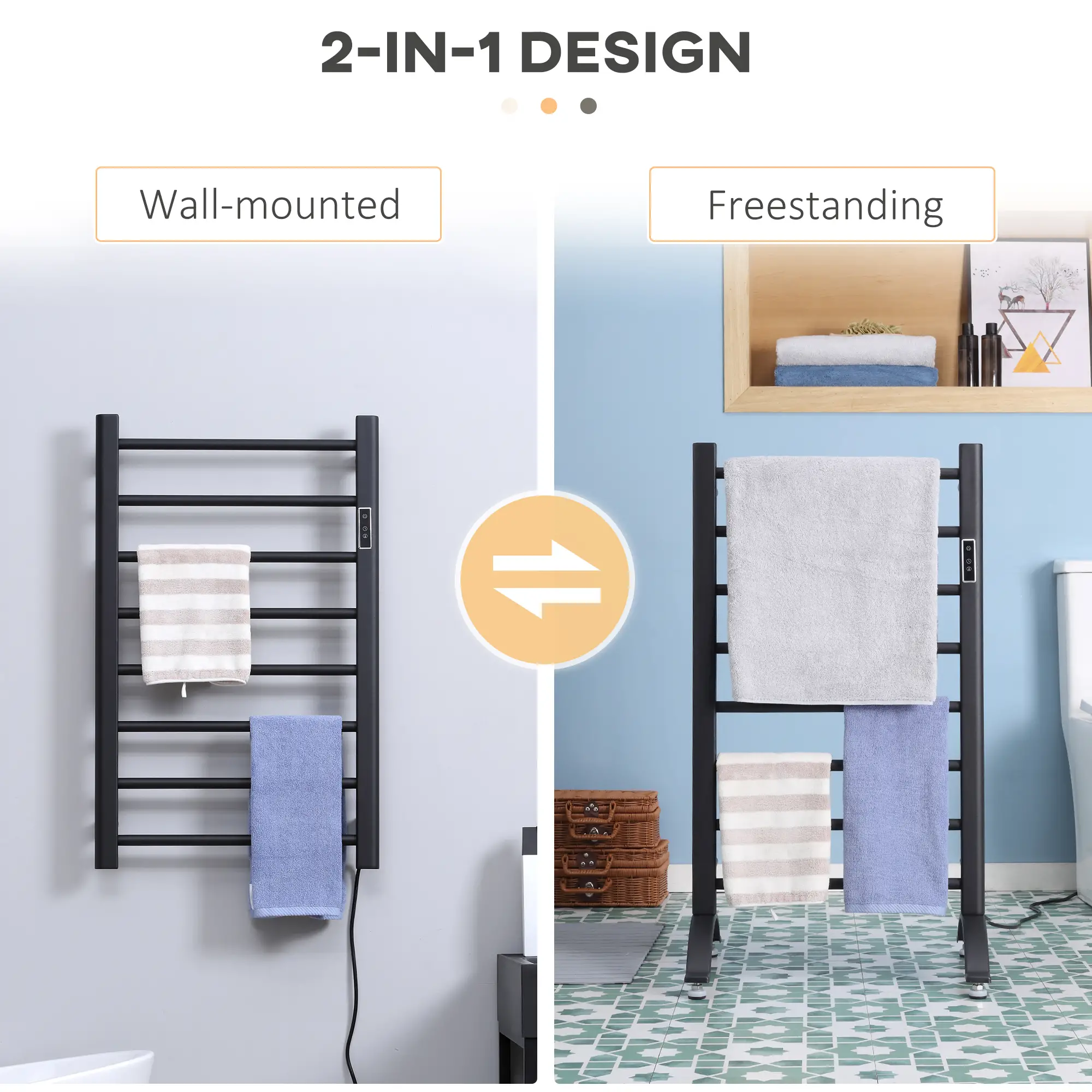 8-Bar Heated Towel Warmer, Wall Mounted, Adjustable Temperature, Black - Image 4