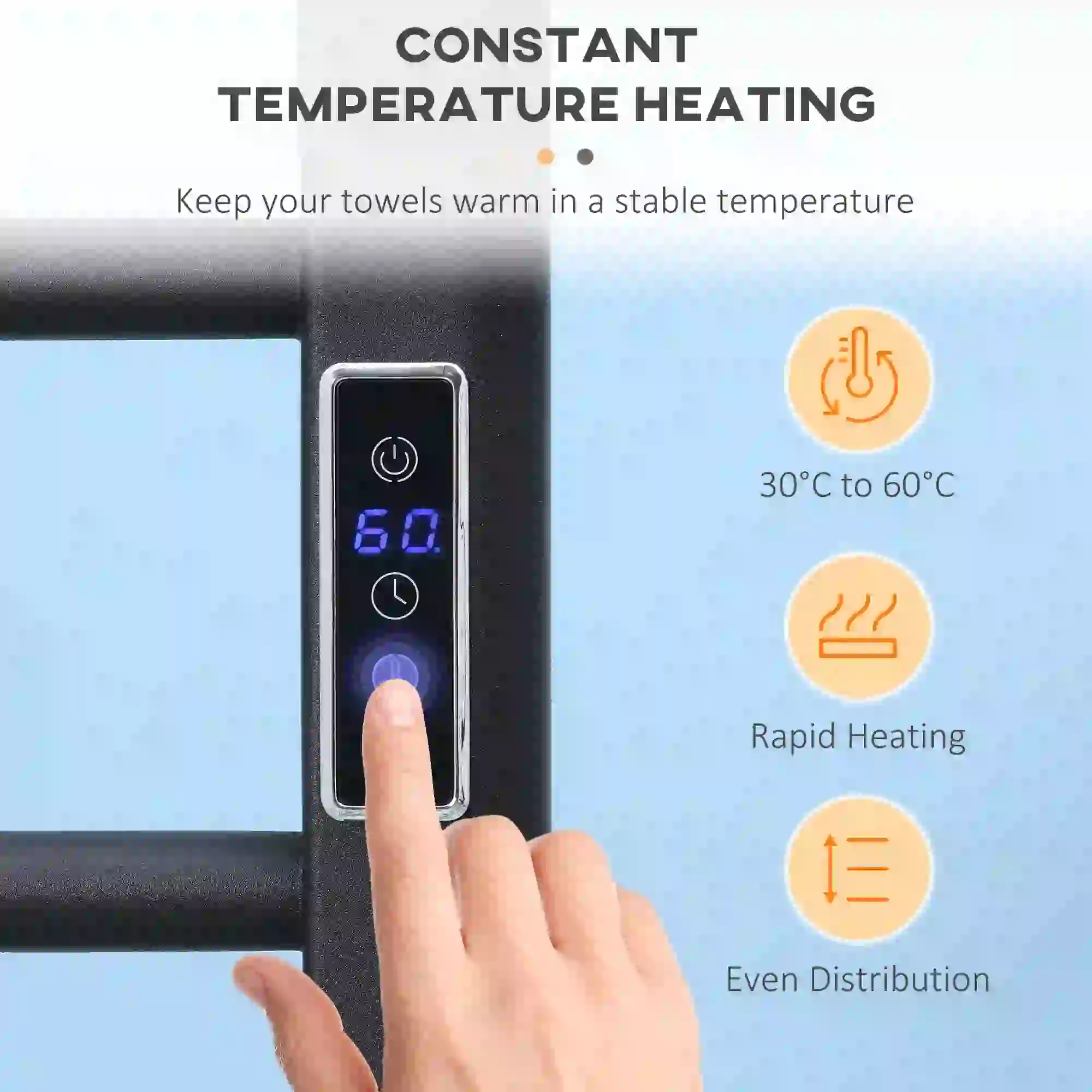 8-Bar Heated Towel Warmer, Wall Mounted, Adjustable Temperature, Black - Image 5