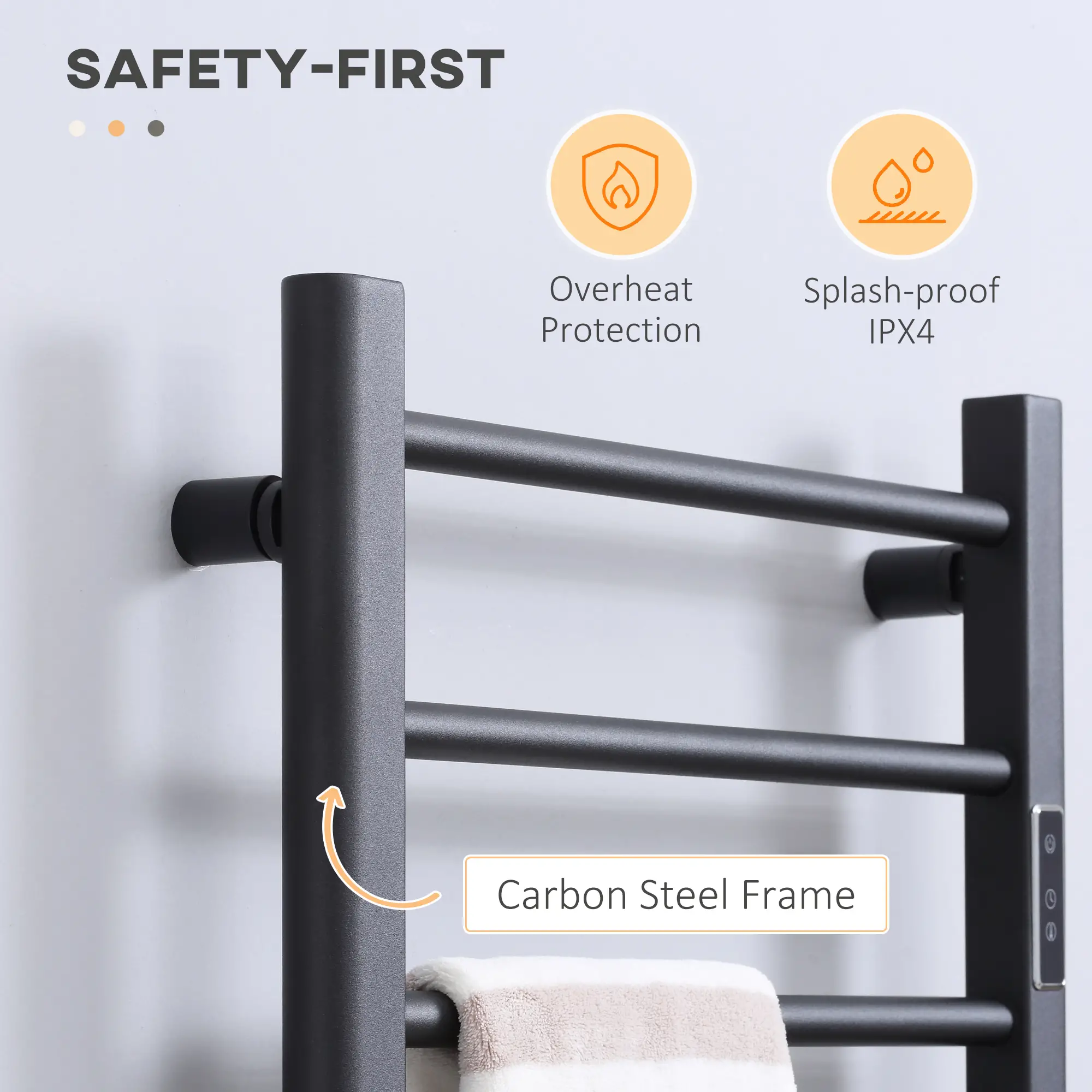 8-Bar Heated Towel Warmer, Wall Mounted, Adjustable Temperature, Black - Image 7