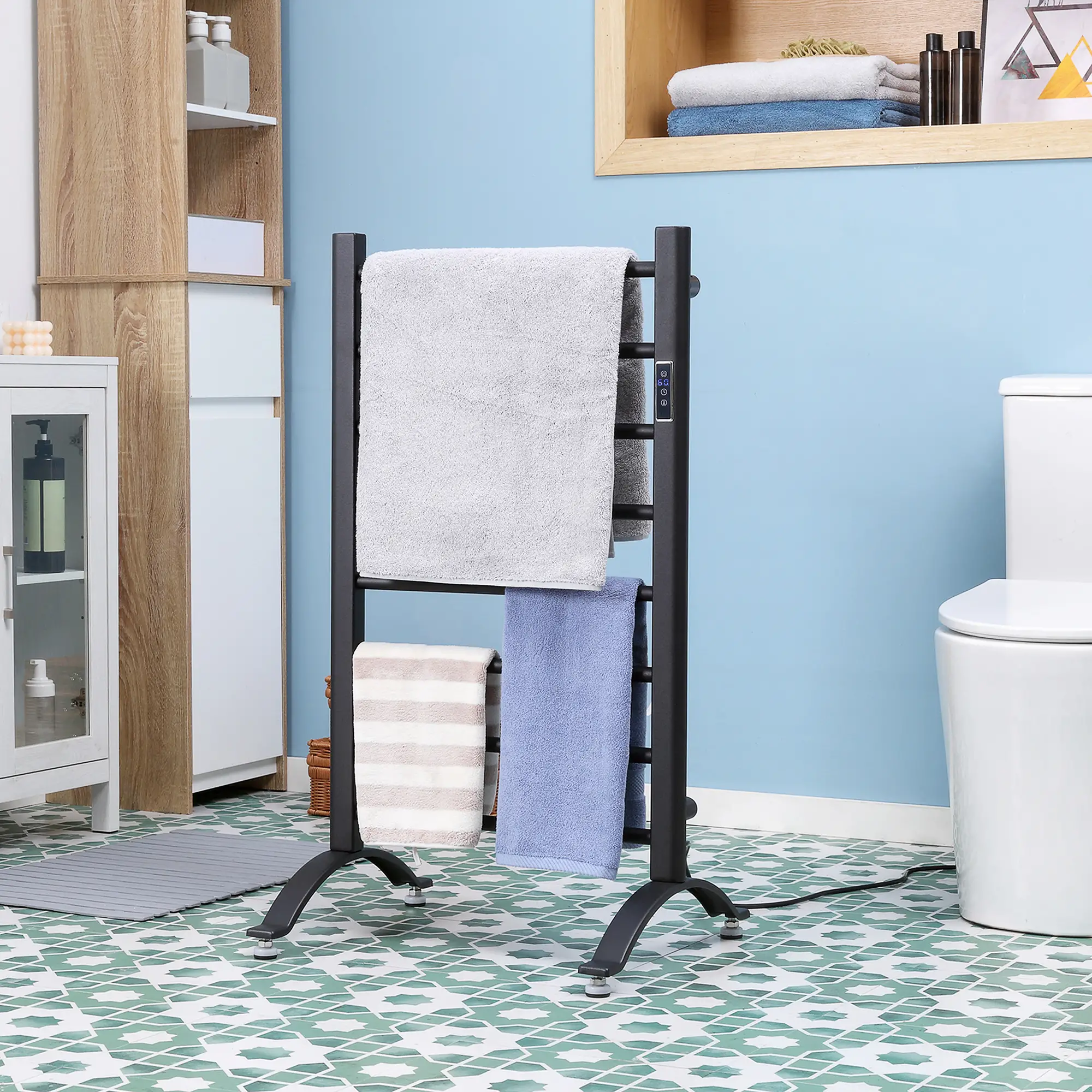 8-Bar Heated Towel Warmer, Wall Mounted, Adjustable Temperature, Black - Image 8