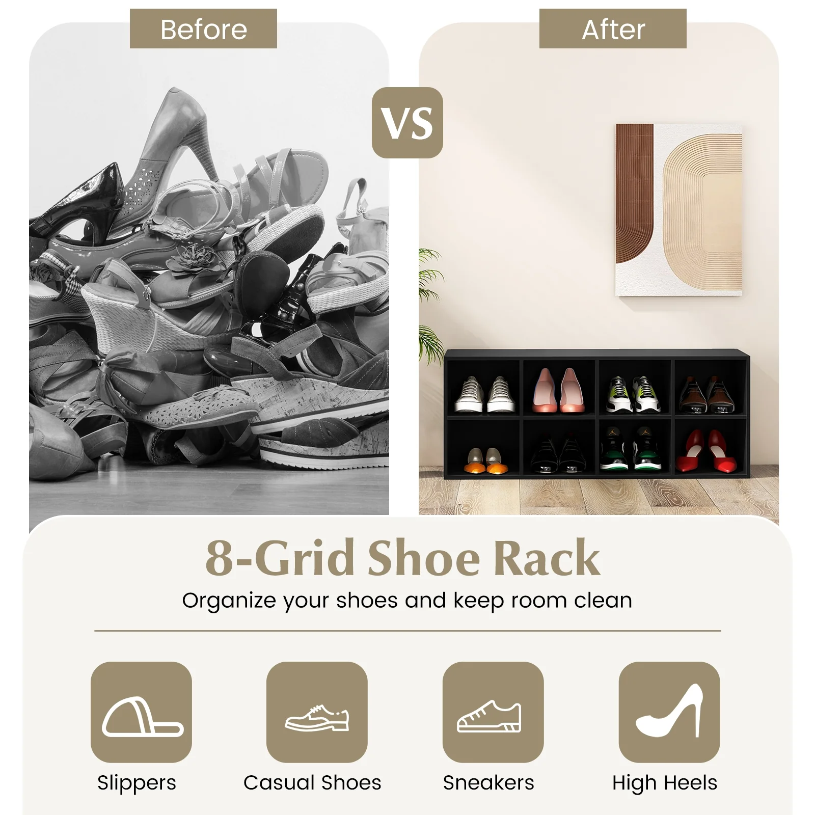 8 Cubbies Shoe Organizer, 500 LBS Weight Capacity, Black - Image 8