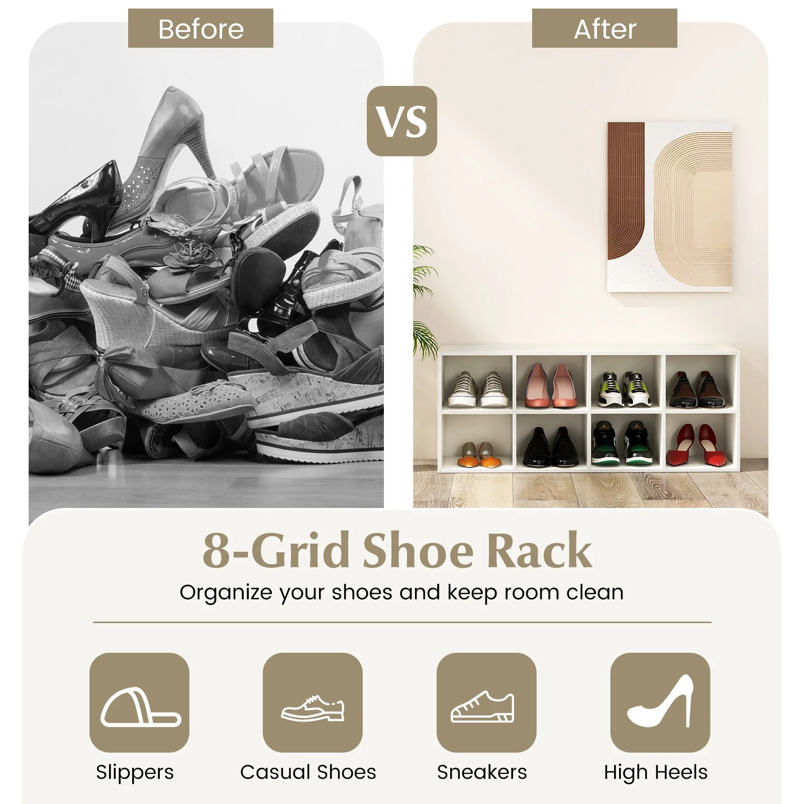 8 Cubbies Shoe Organizer, 500 LBS Weight Capacity, White - Image 8