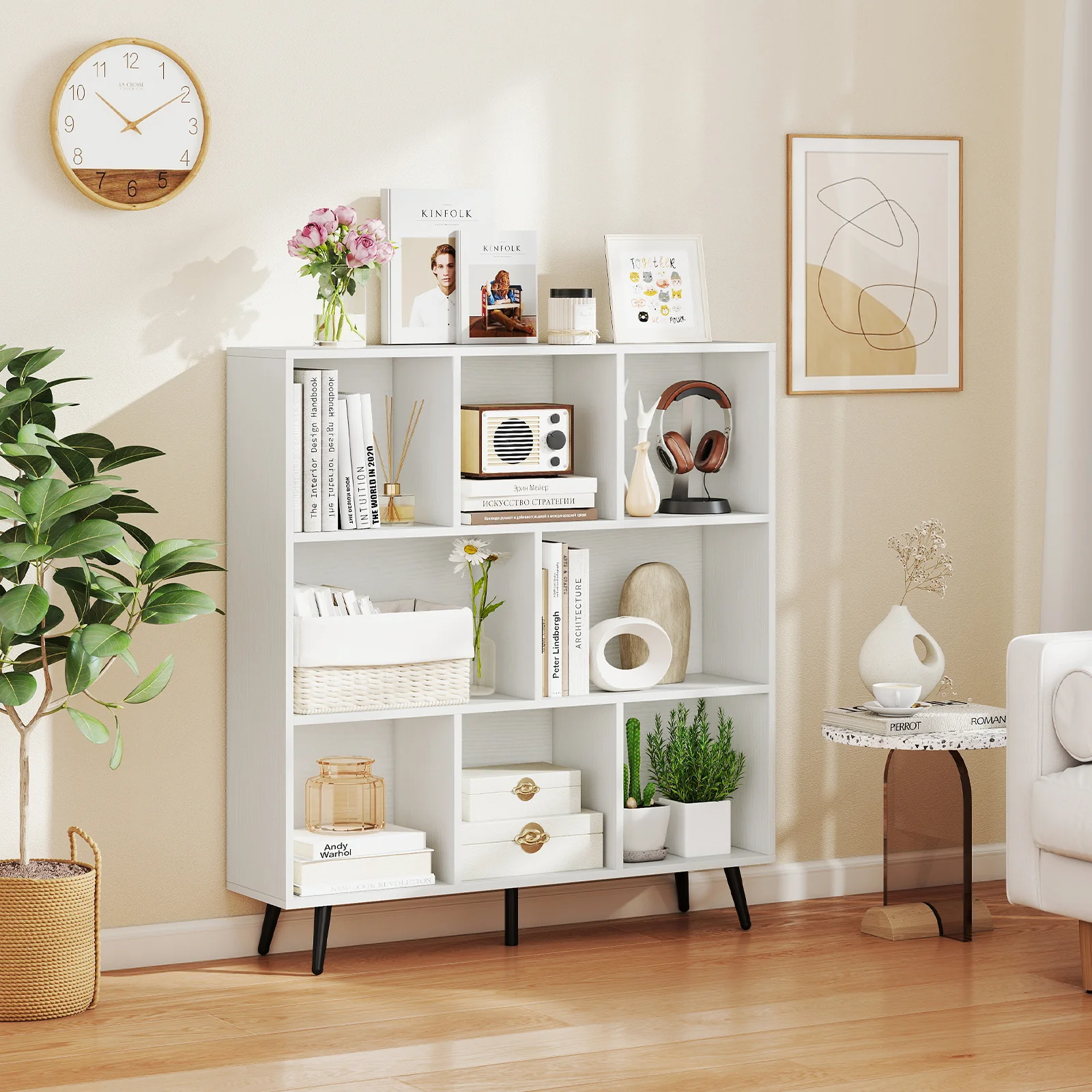 8-Cube Bookcase, 5 Tapered Metal Legs, White - Image 2