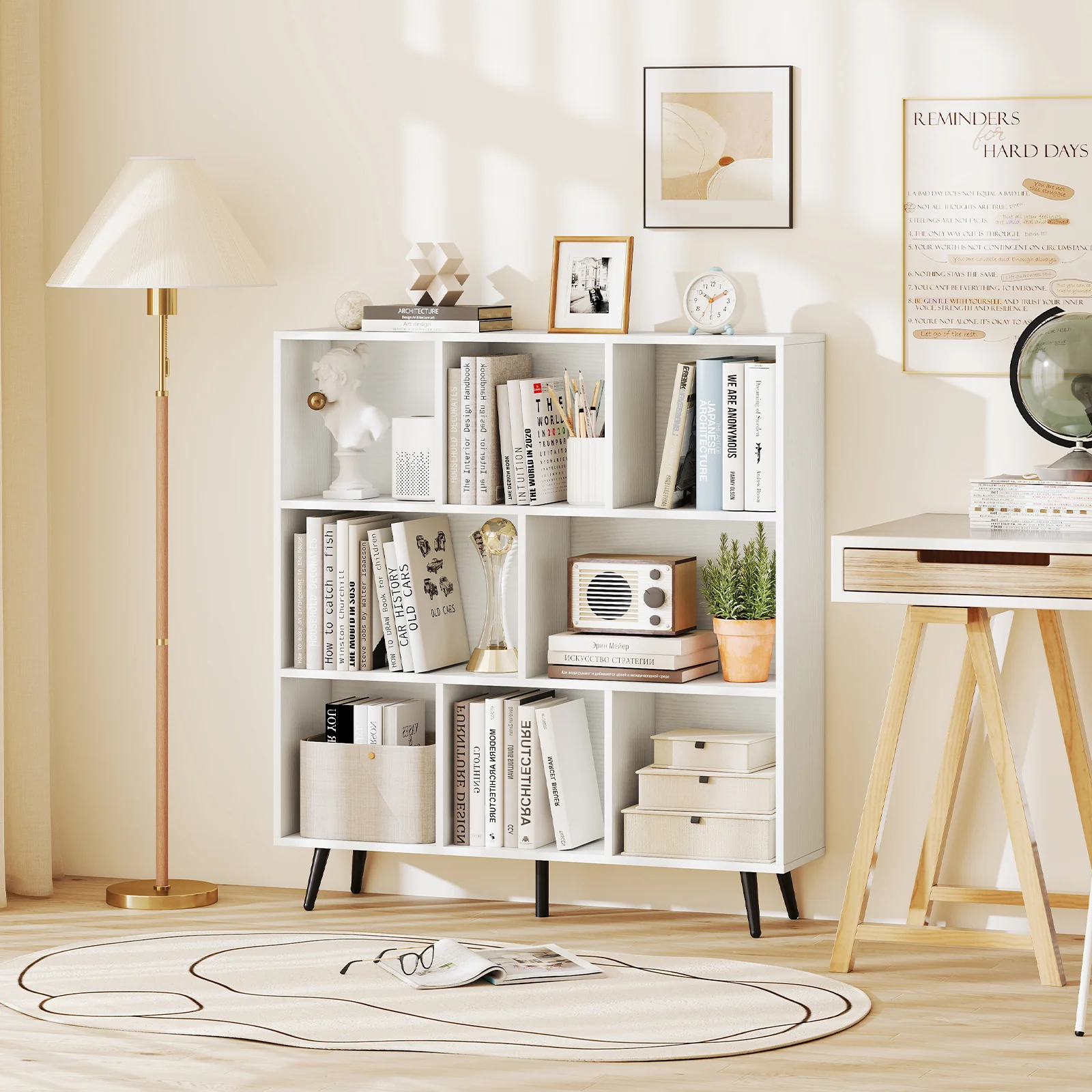 8-Cube Bookcase, 5 Tapered Metal Legs, White - Image 3
