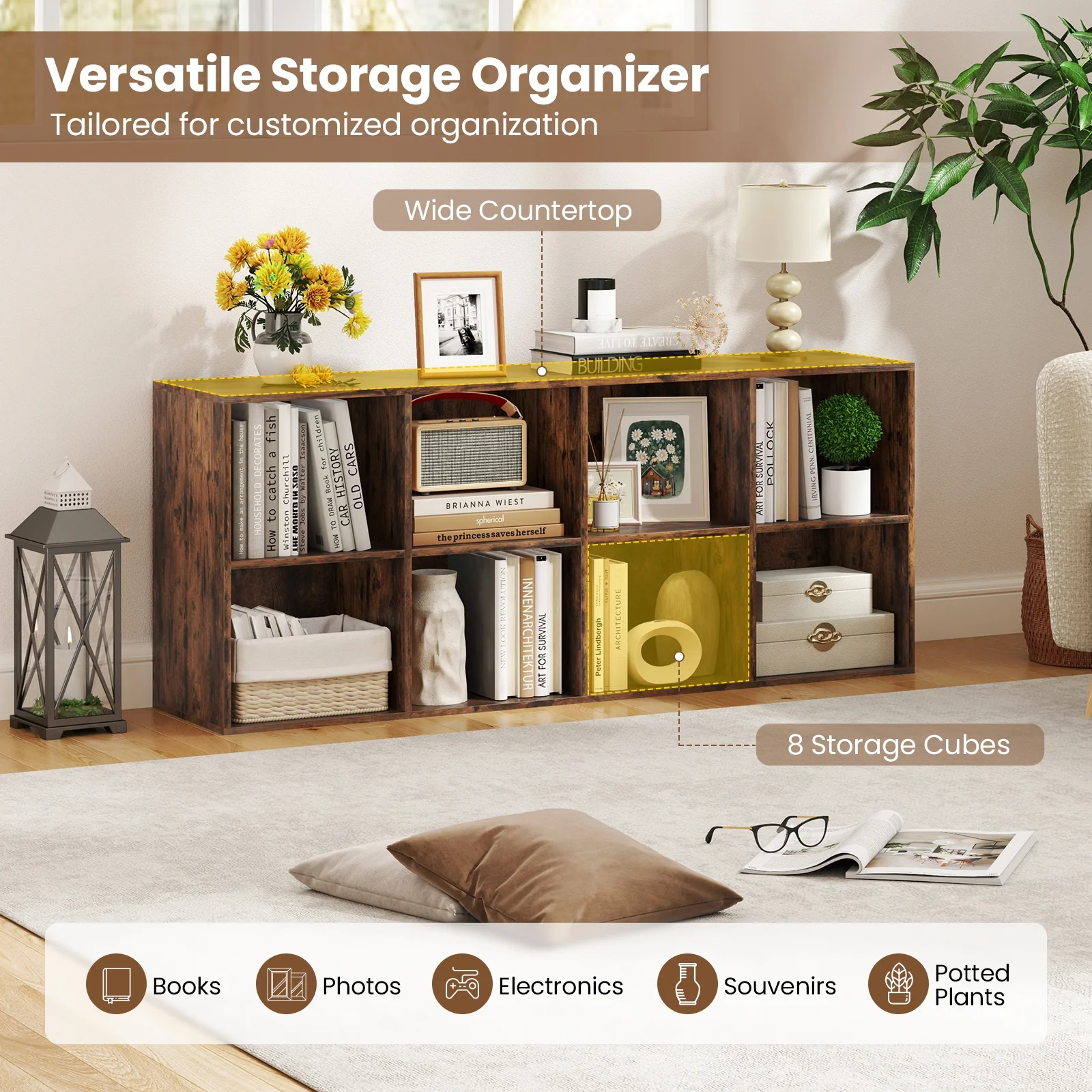 8-Cube Bookcase Bookshelf, Storage Organizer, Rustic Brown - Image 10