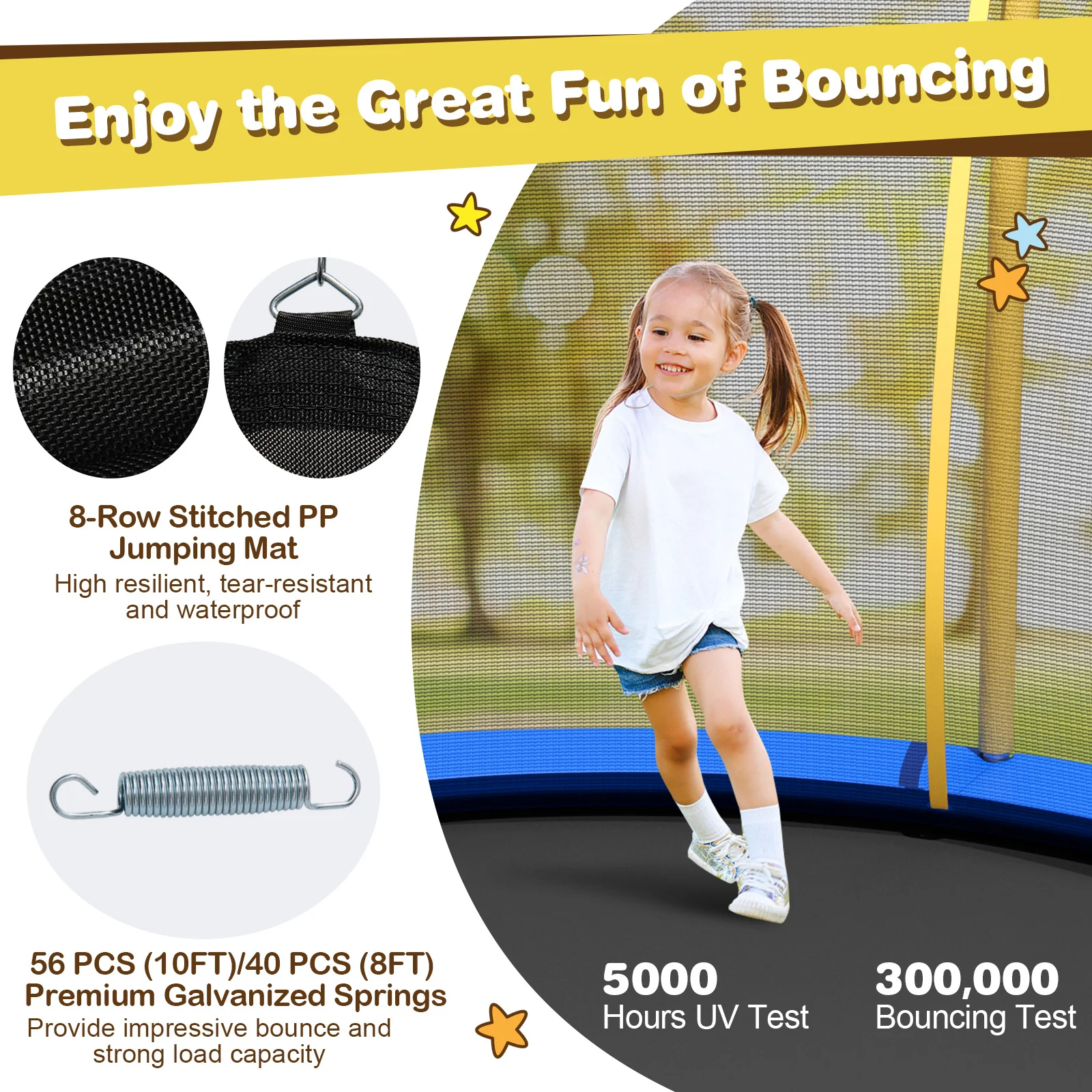 8 Feet Flower Shape Trampoline, Outdoor With Enclosure Net, Yellow - Image 10