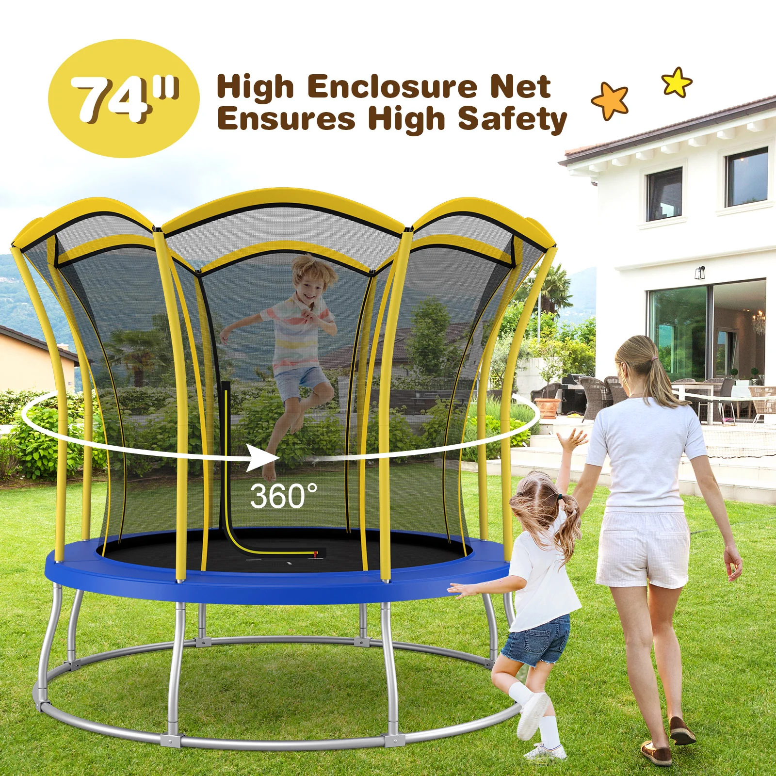 8 Feet Flower Shape Trampoline, Outdoor With Enclosure Net, Yellow - Image 2