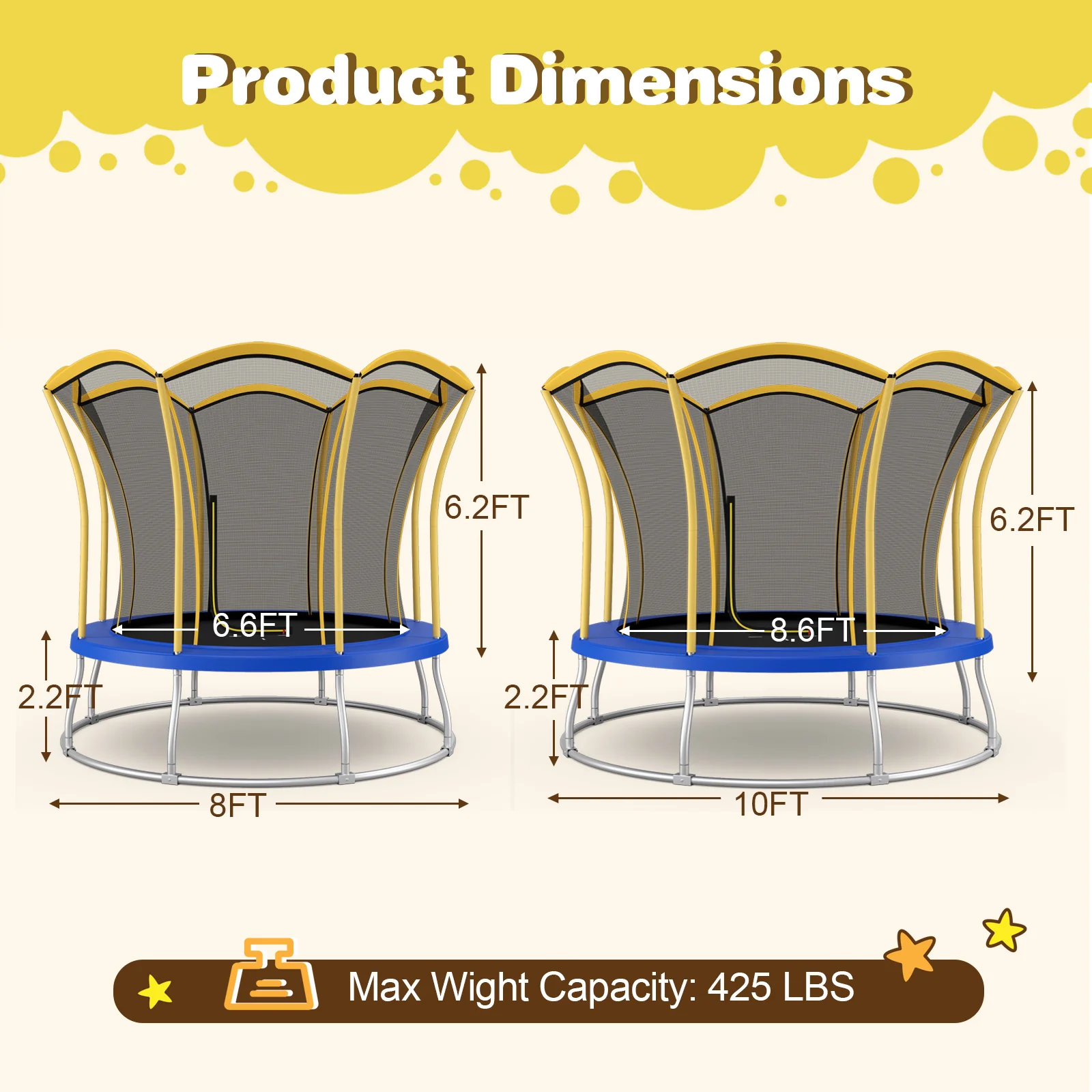 8 Feet Flower Shape Trampoline, Outdoor With Enclosure Net, Yellow - Image 5
