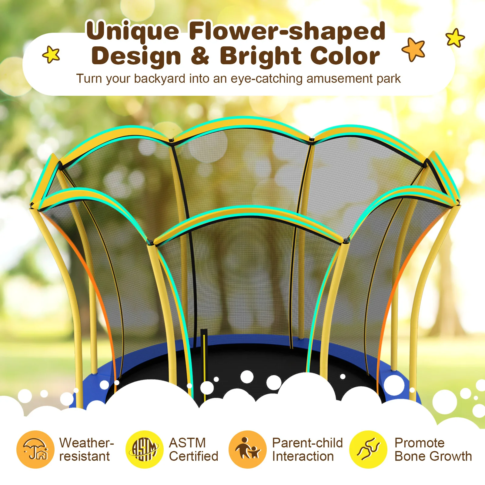 8 Feet Flower Shape Trampoline, Outdoor With Enclosure Net, Yellow - Image 6