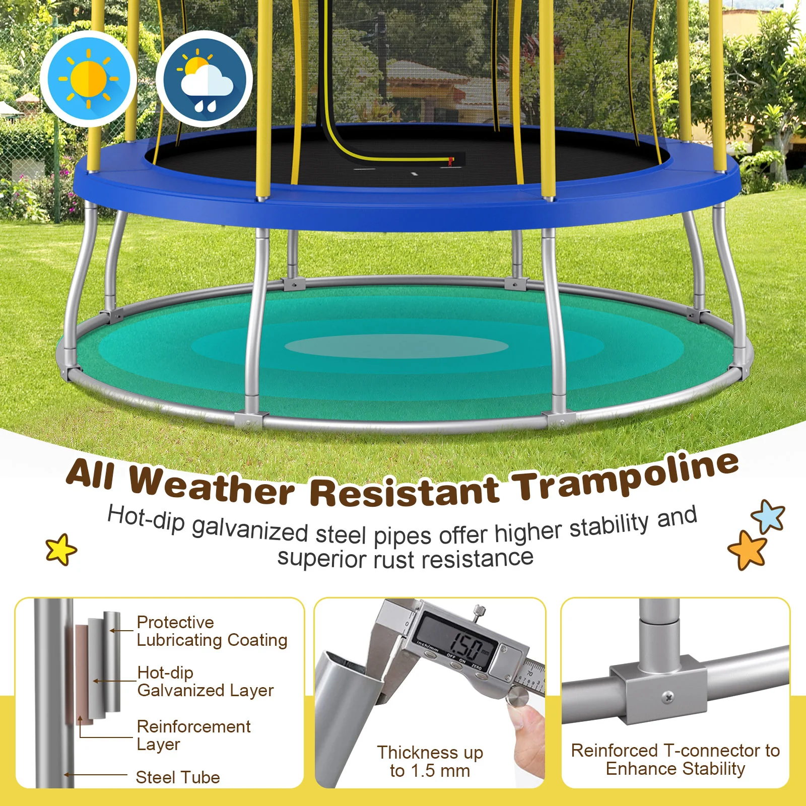 8 Feet Flower Shape Trampoline, Outdoor With Enclosure Net, Yellow - Image 8