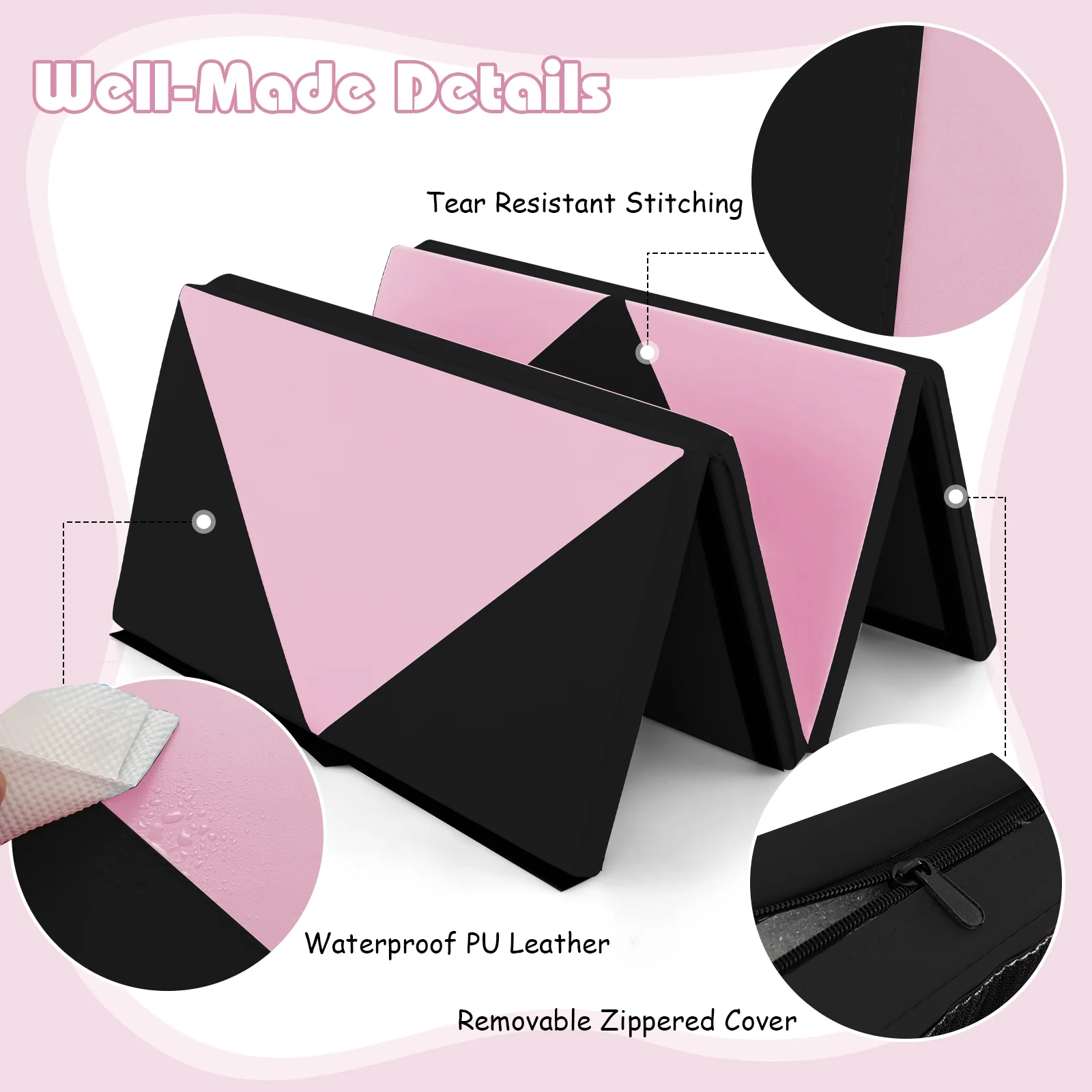 8 Feet PU Leather Folding Gymnastics Mat, Black, Pink - Image 7