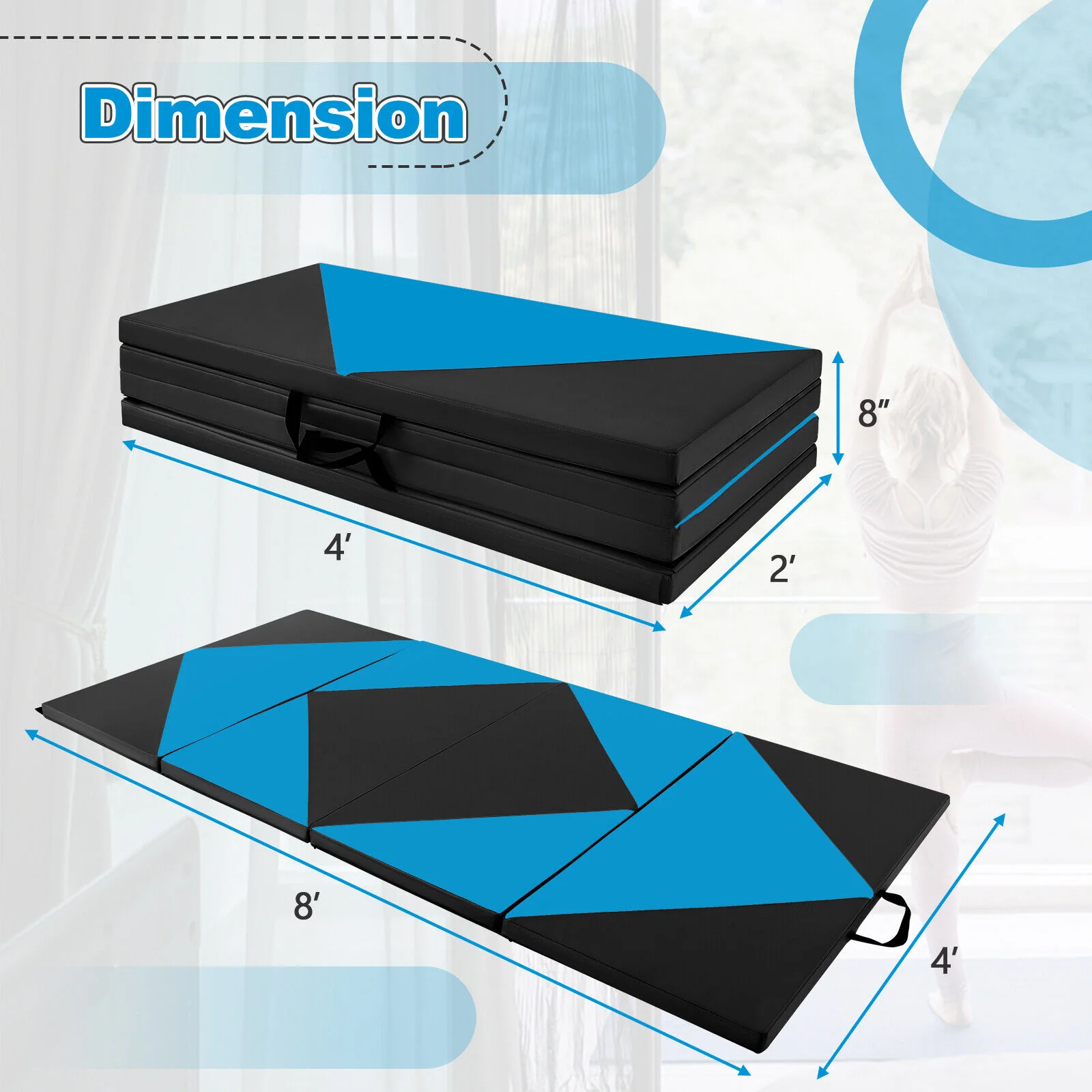 8 Feet PU Leather Folding Gymnastics Mat, Blue - Image 4