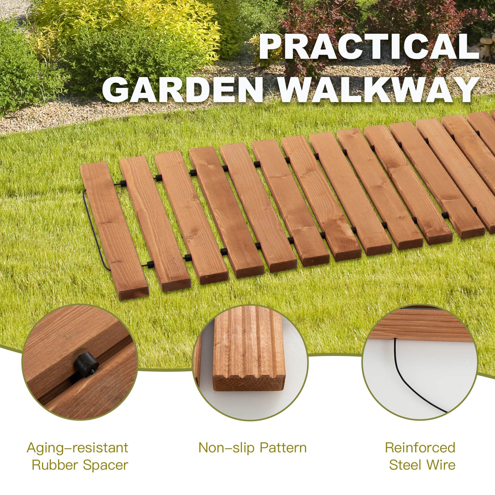 8 Feet Roll-Out Weather-Resistant Patio Hardwood Pathway, 22 Inch, Brown - Image 3