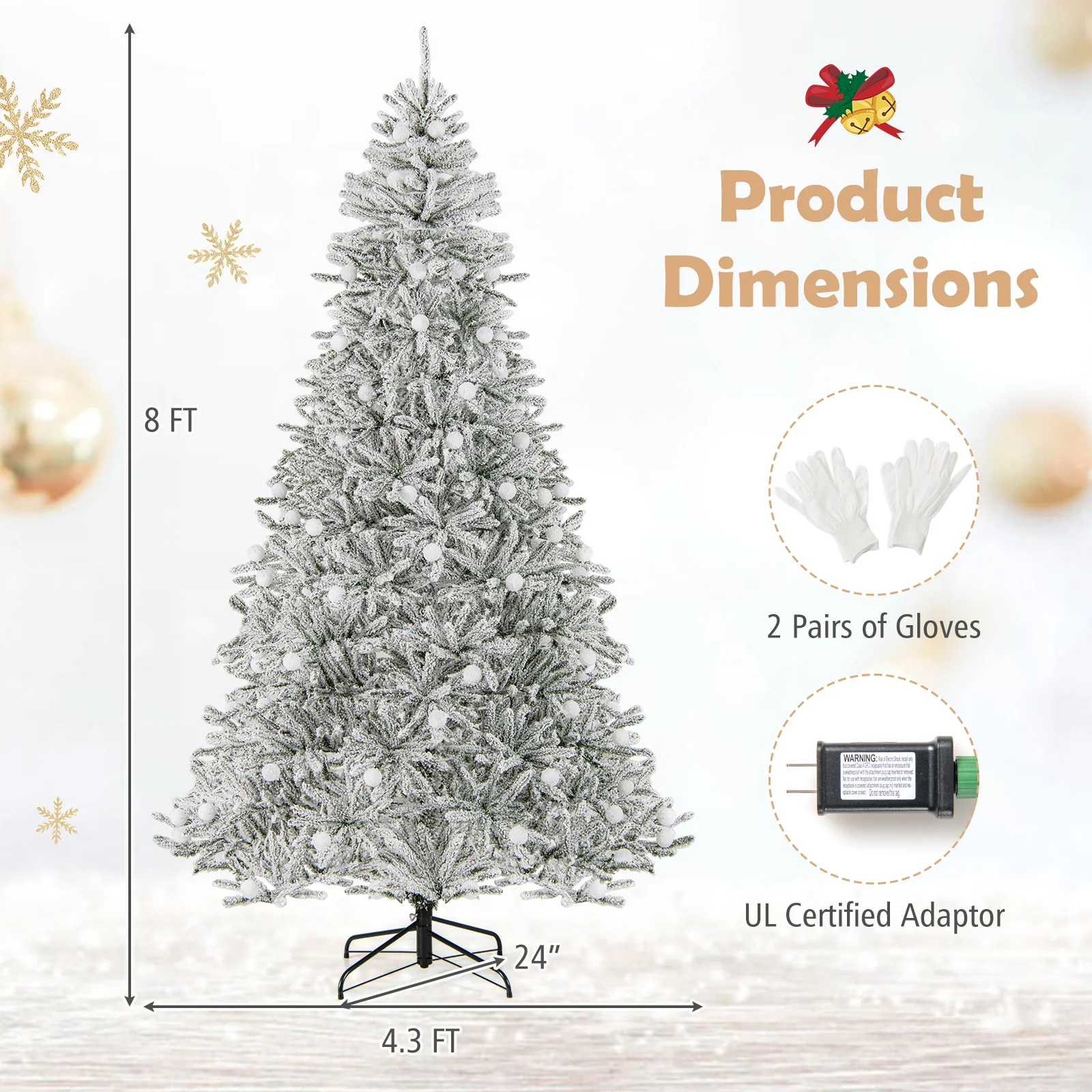 8 Feet Snow-flocked Artificial Christmas Tree Pre-lit Hinged with 81 Sphere Lights and Remote-L, Green - Image 10