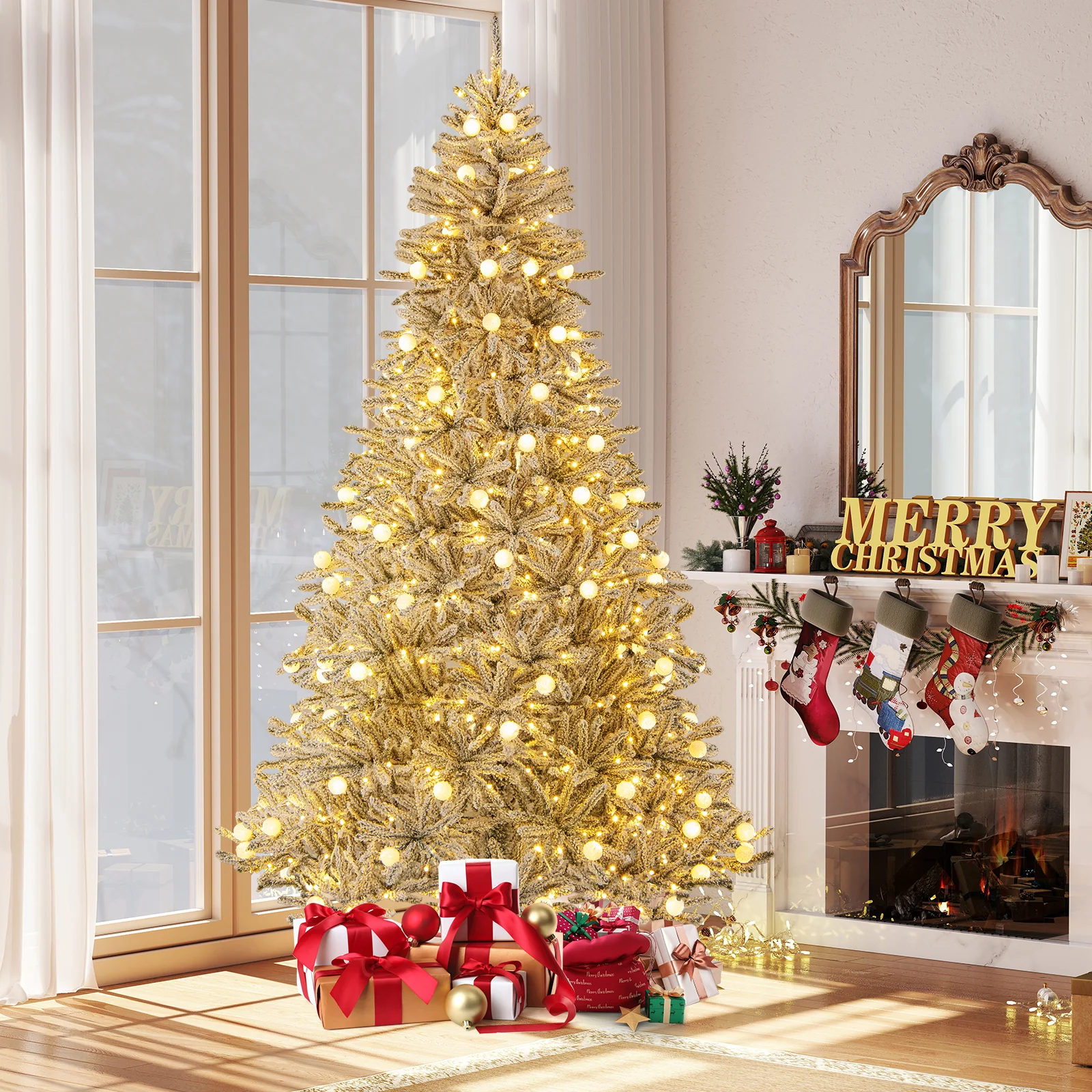 8 Feet Snow-flocked Artificial Christmas Tree Pre-lit Hinged with 81 Sphere Lights and Remote-L, Green - Image 3