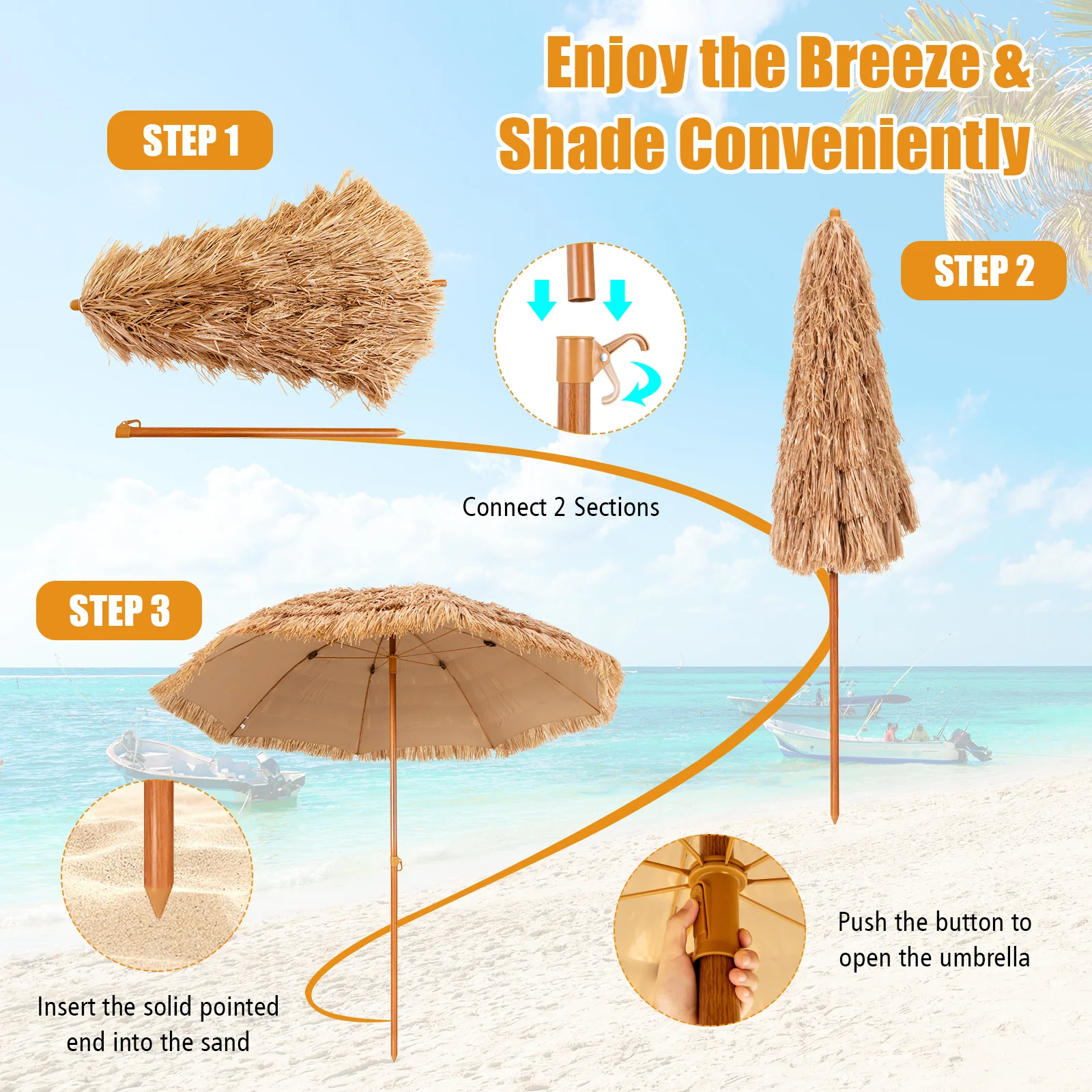 8 Feet Thatched Tiki Umbrella, Natural - Image 10