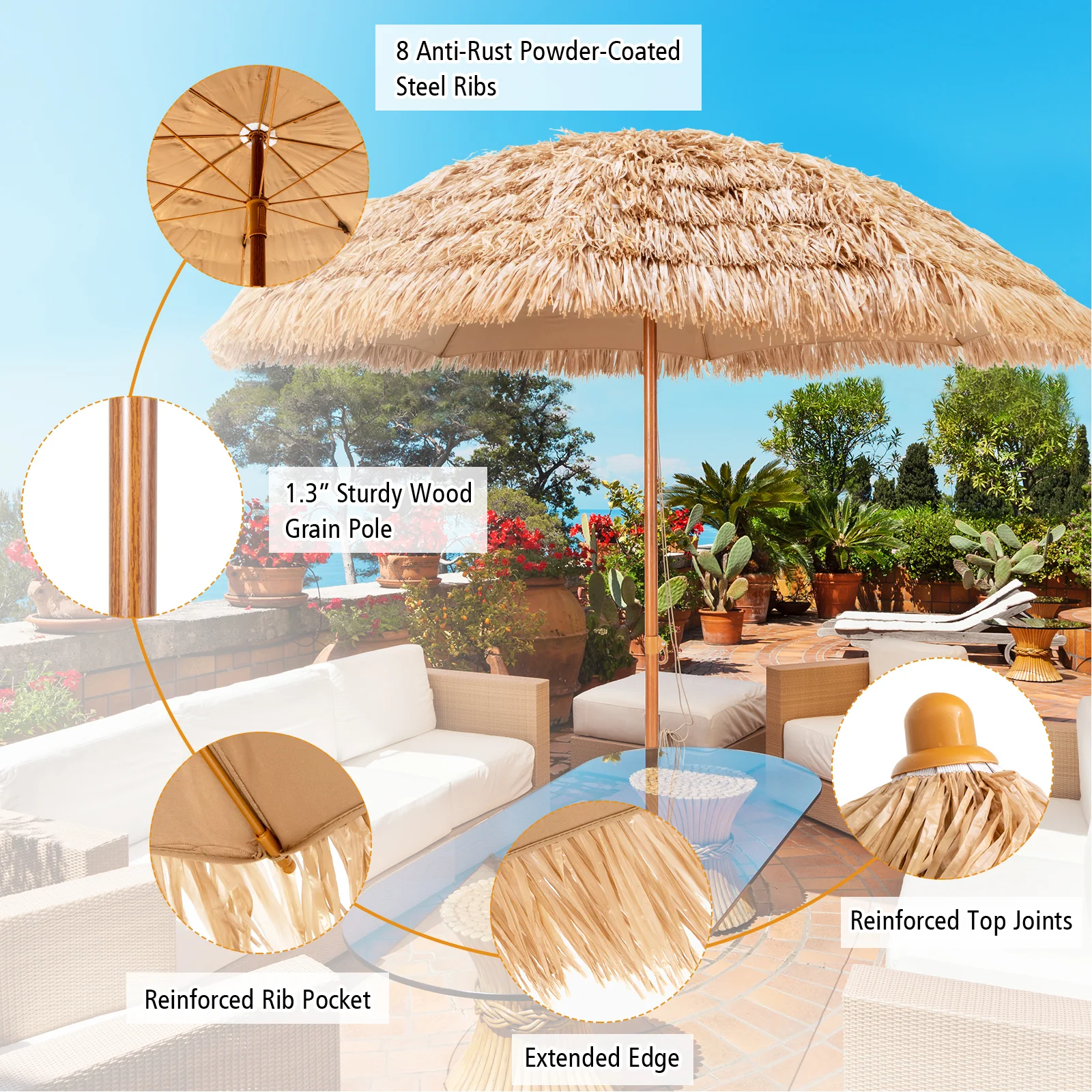 8 Feet Thatched Tiki Umbrella, Natural - Image 9