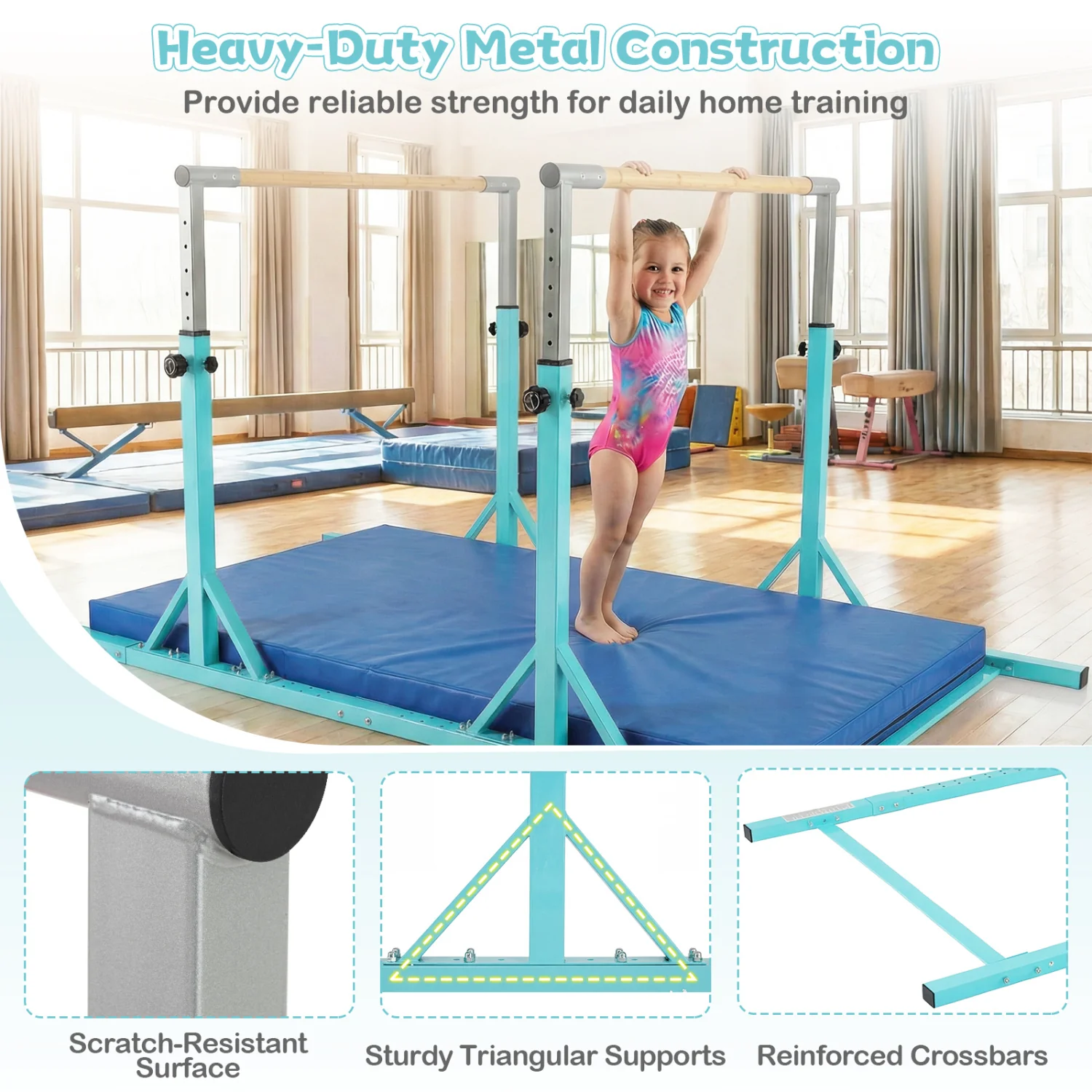 8 FT Double Horizontal Bars with 13-Level Adjustable Heights, Green - Image 7