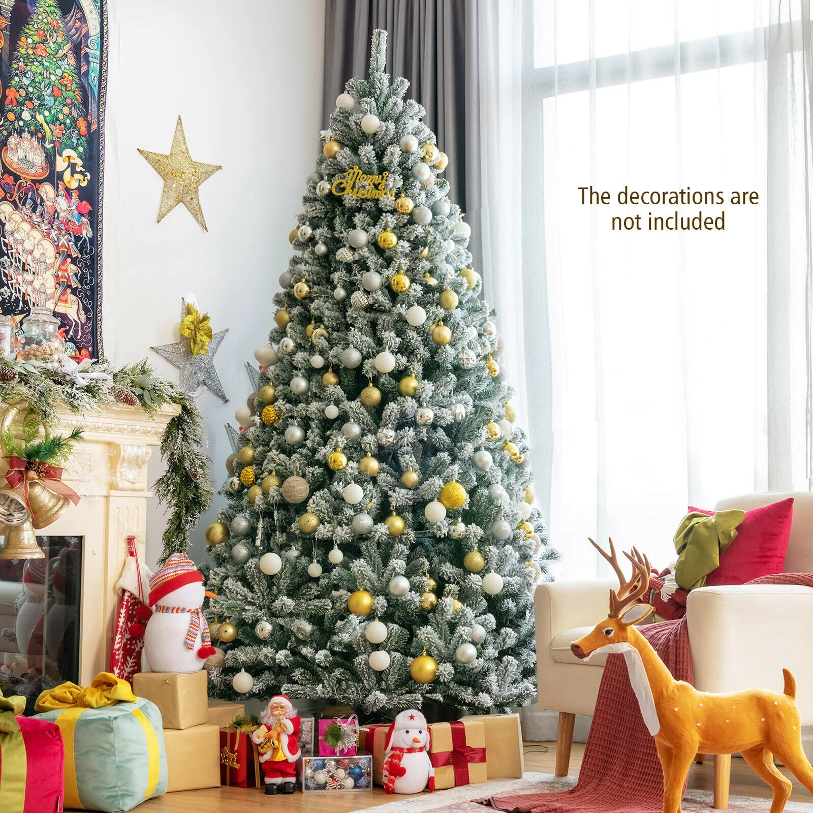 8 ft Pre-lit Snow Flocked Christmas Tree, Green - Image 10
