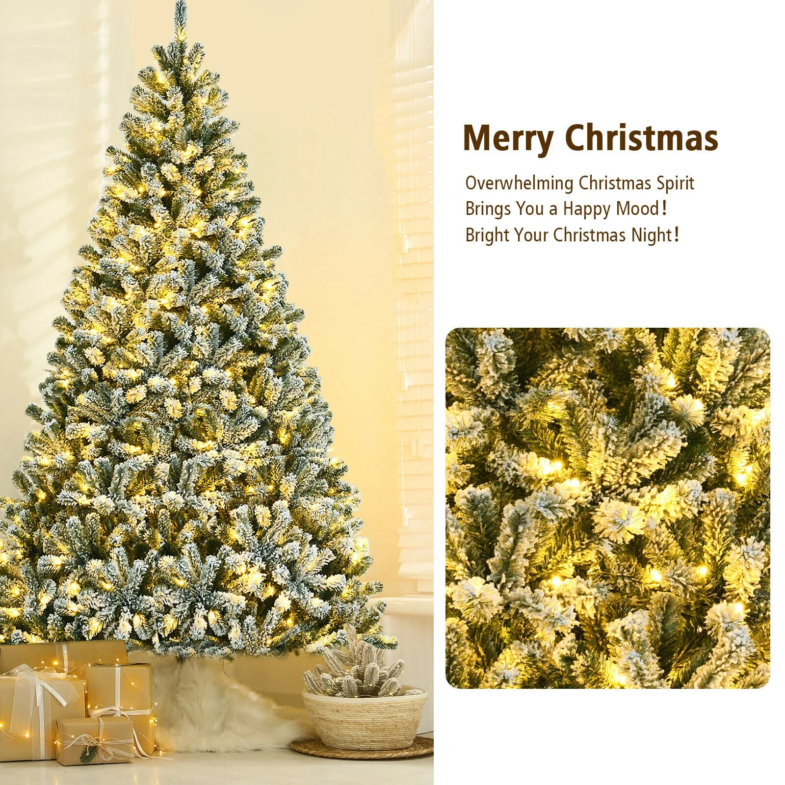 8 ft Pre-lit Snow Flocked Christmas Tree, Green - Image 3