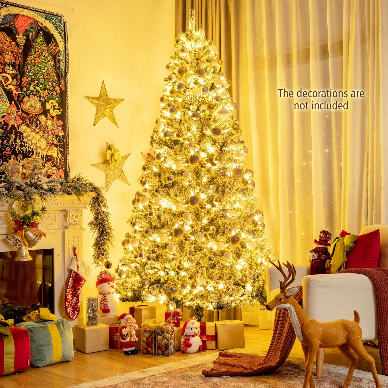 8 ft Pre-lit Snow Flocked Christmas Tree, Green - Image 7