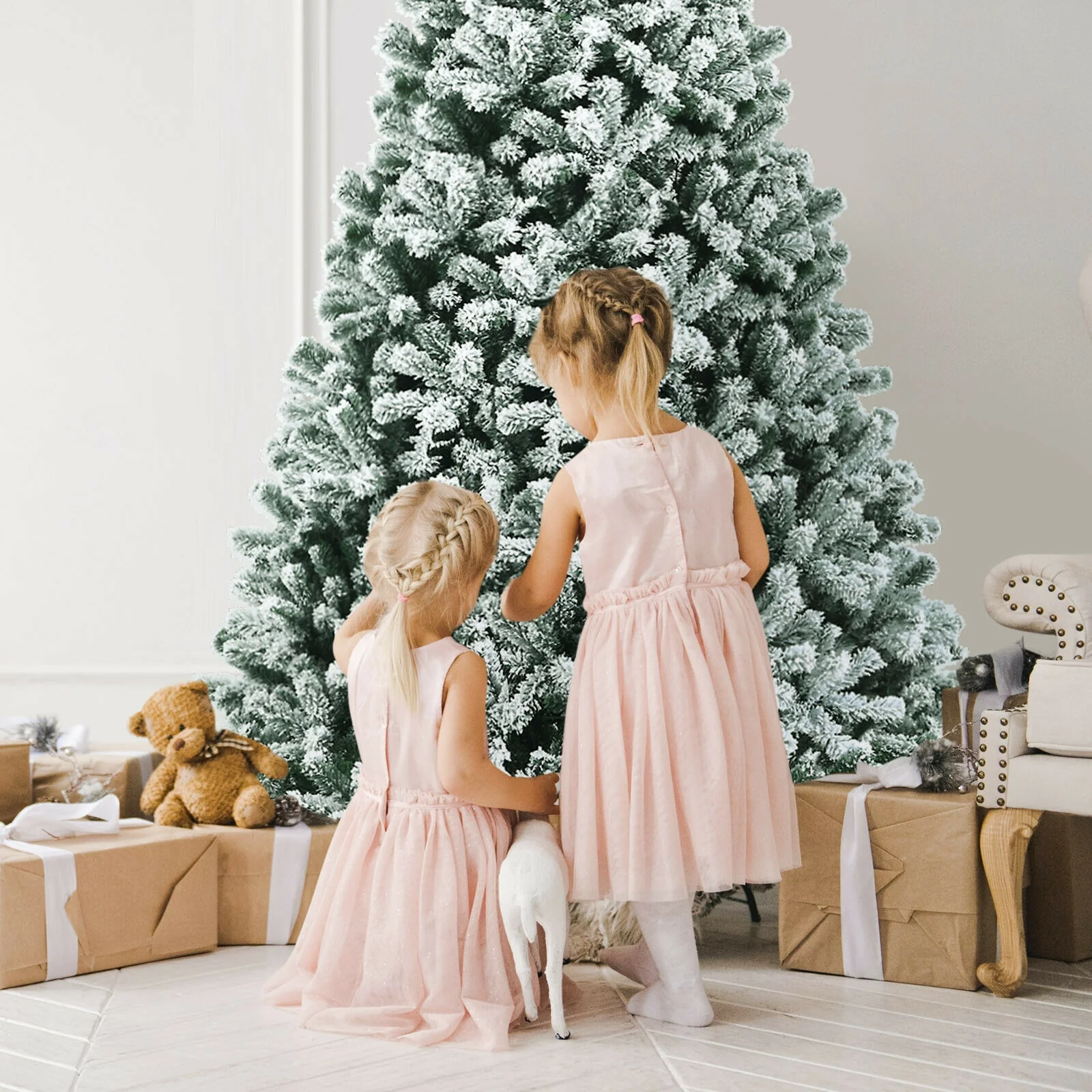 8 ft Pre-lit Snow Flocked Christmas Tree, Green - Image 9