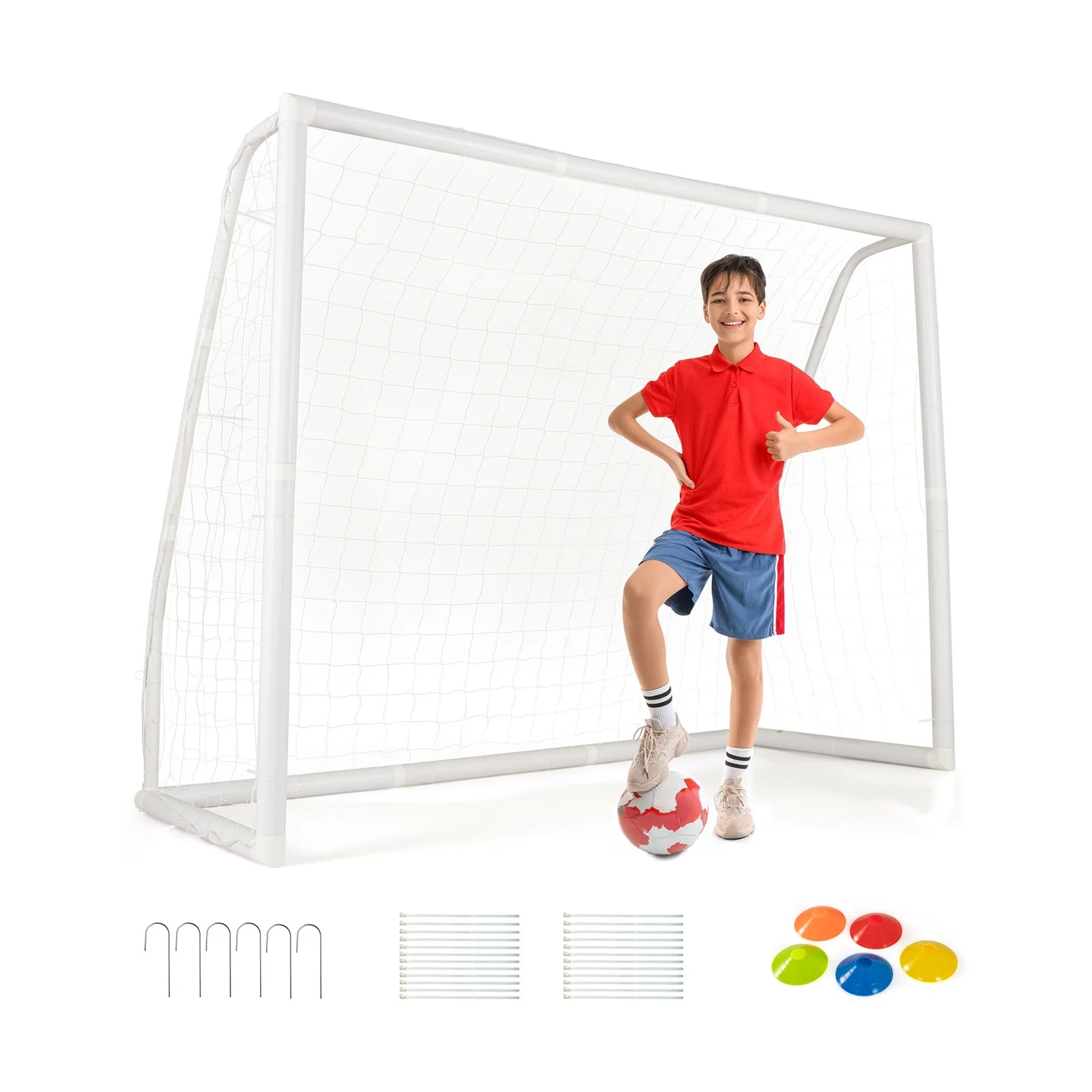 8 Ft x 6 Ft Soccer Goal, Ground Stakes, Cones, White - Image 4