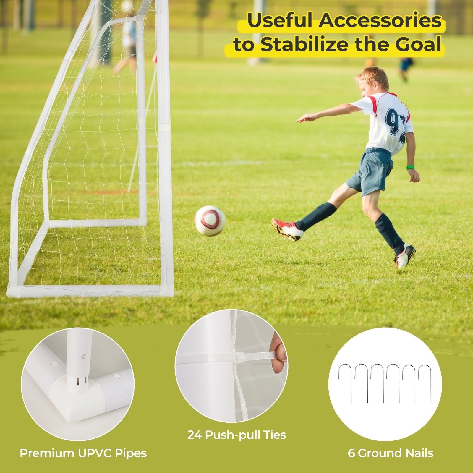 8 Ft x 6 Ft Soccer Goal, Ground Stakes, Cones, White - Image 7
