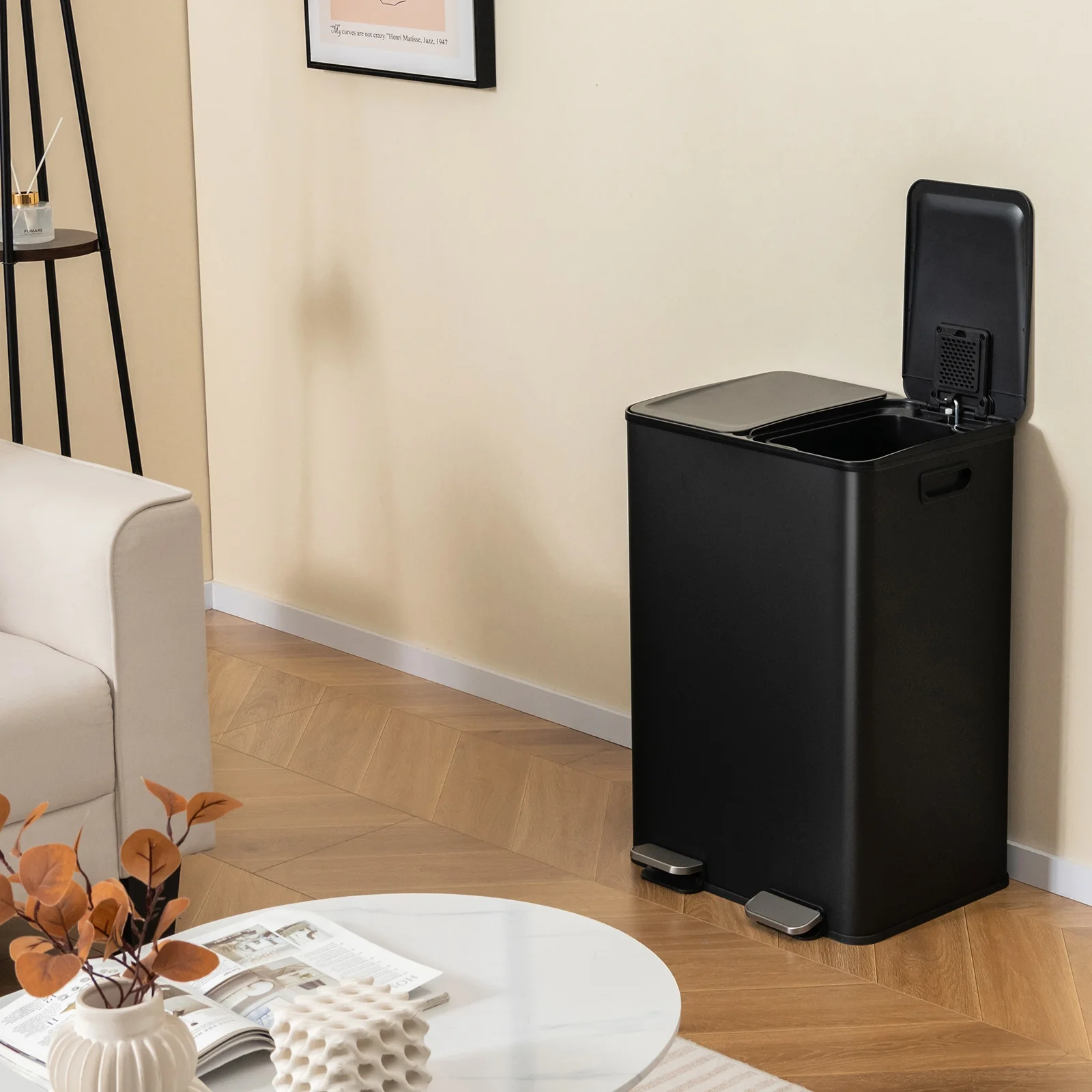 8 Gal Dual Compartment Trash Can, Black - Image 3