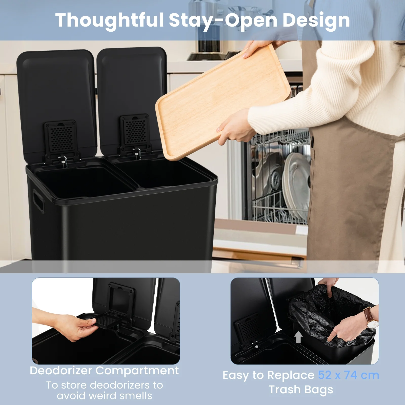 8 Gal Dual Compartment Trash Can, Black - Image 8