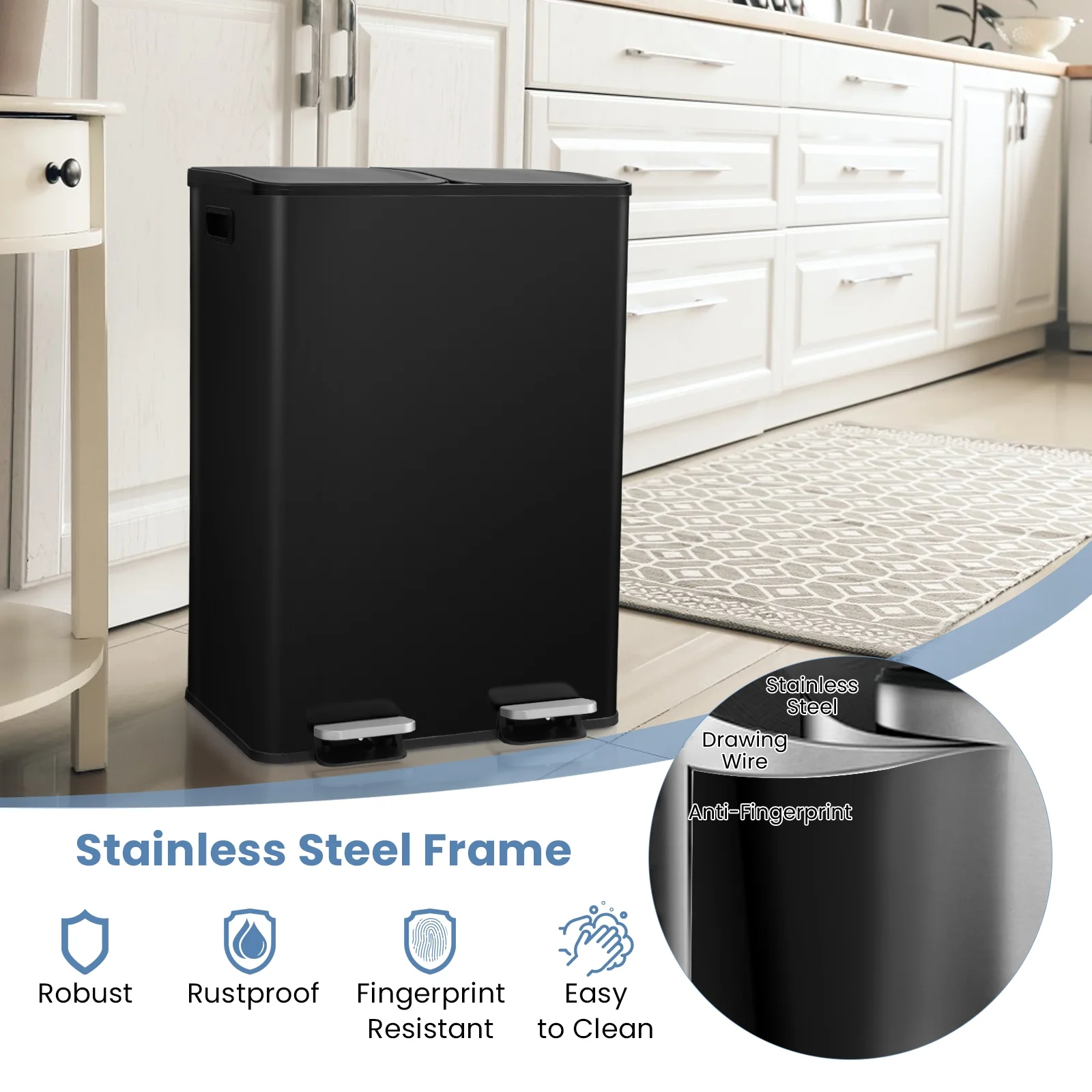 8 Gal Dual Compartment Trash Can, Black - Image 9