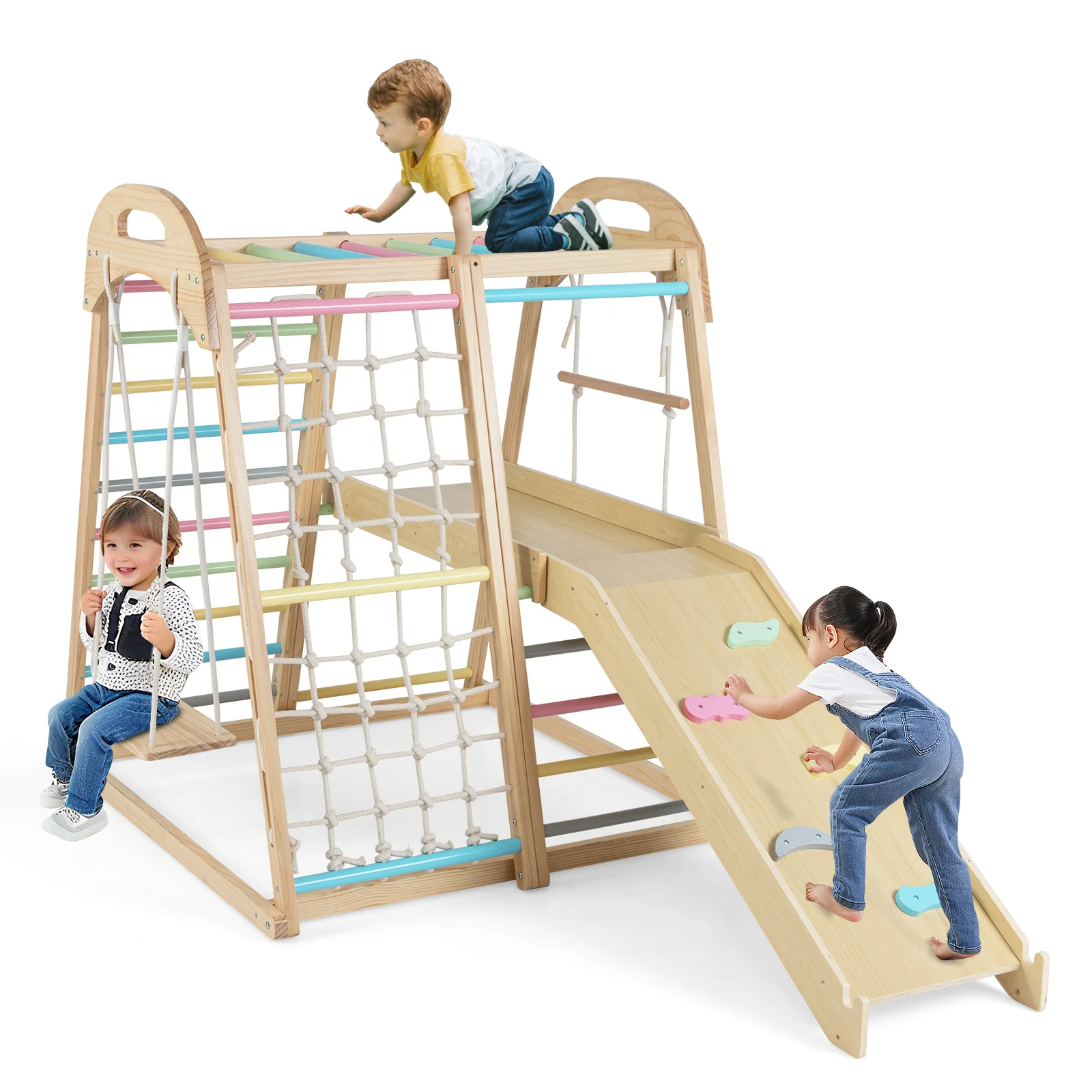 8-in-1 Jungle Gym Wooden Montessori Climber Playset with Slide and Monkey Bar for Kids 3-5 Years Old, Multicolor