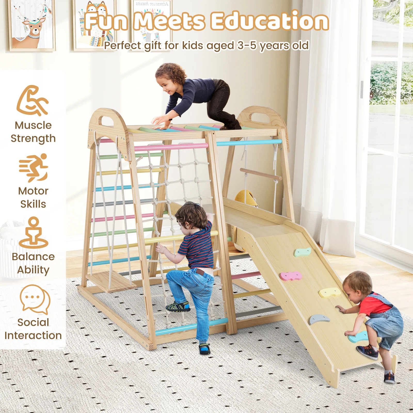 8-in-1 Jungle Gym Wooden Montessori Climber Playset with Slide and Monkey Bar for Kids 3-5 Years Old, Multicolor - Image 10