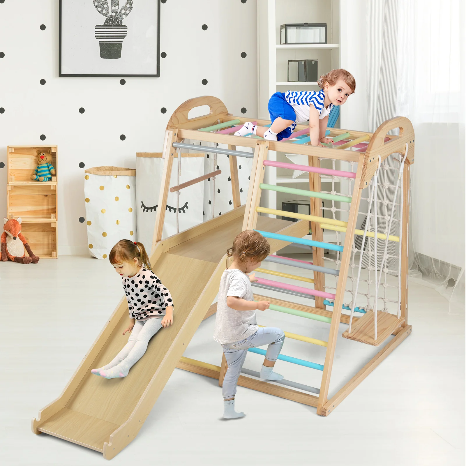 8-in-1 Jungle Gym Wooden Montessori Climber Playset with Slide and Monkey Bar for Kids 3-5 Years Old, Multicolor - Image 2