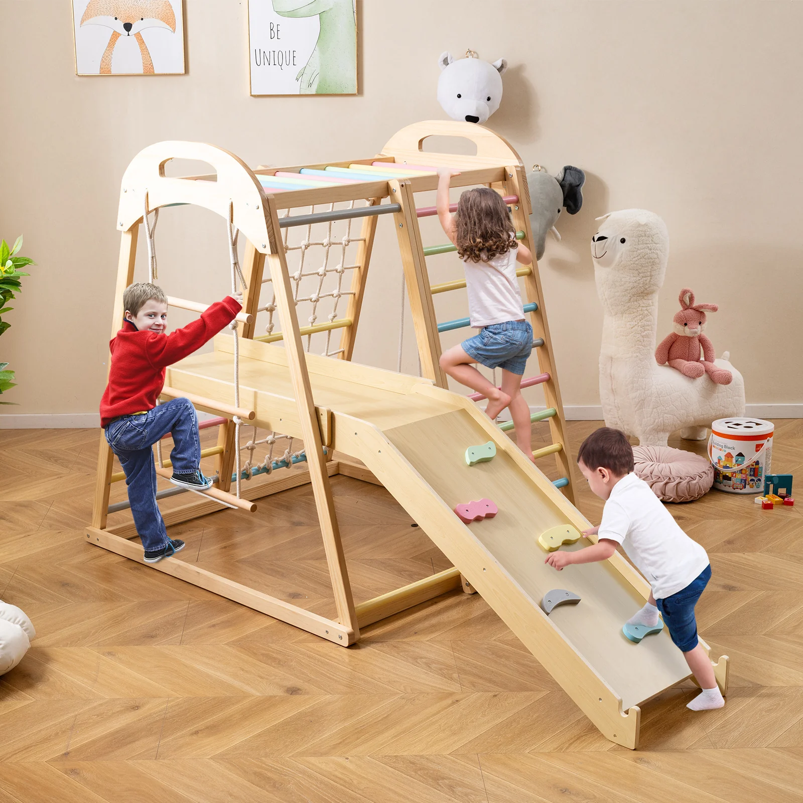 8-in-1 Jungle Gym Wooden Montessori Climber Playset with Slide and Monkey Bar for Kids 3-5 Years Old, Multicolor - Image 3