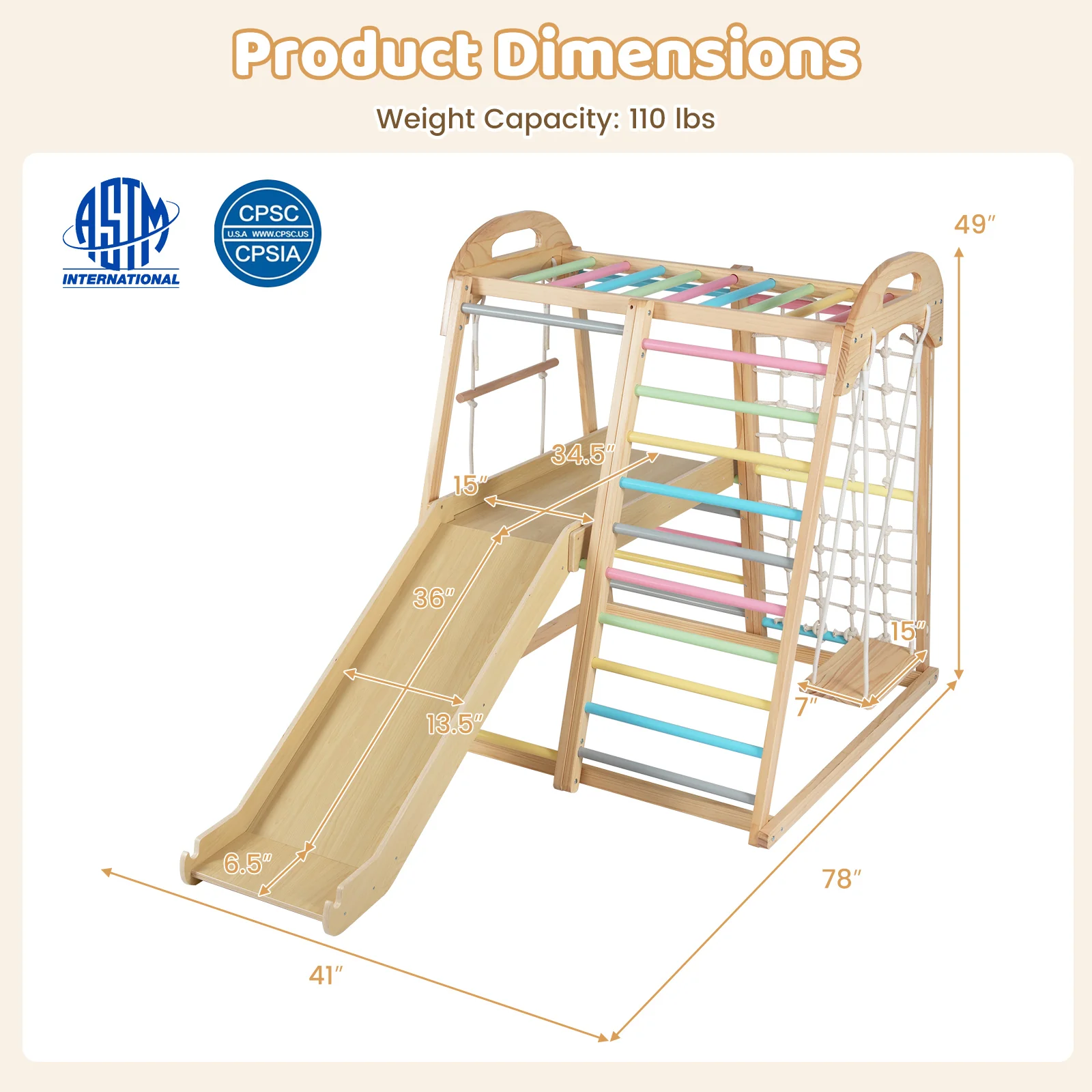 8-in-1 Jungle Gym Wooden Montessori Climber Playset with Slide and Monkey Bar for Kids 3-5 Years Old, Multicolor - Image 5