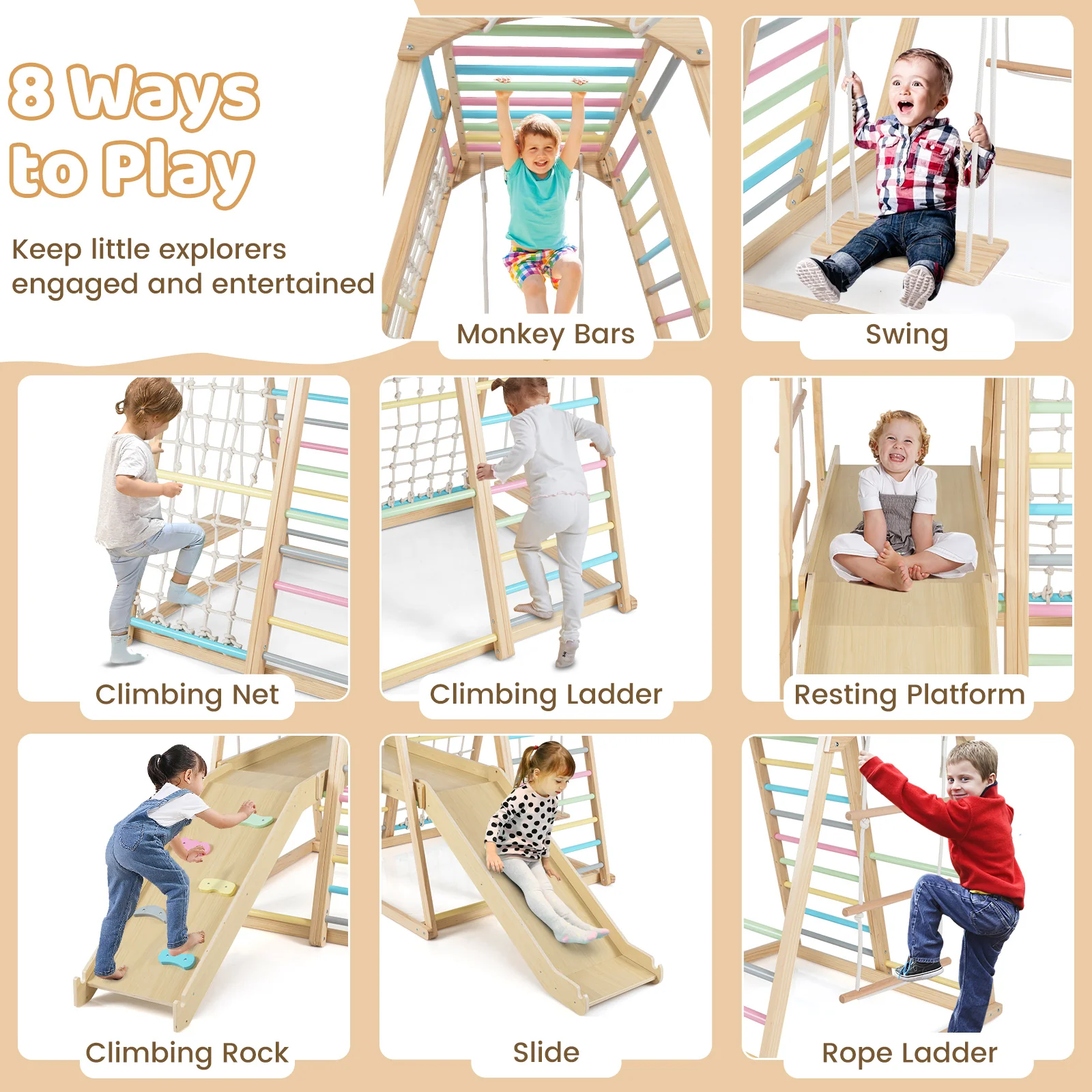 8-in-1 Jungle Gym Wooden Montessori Climber Playset with Slide and Monkey Bar for Kids 3-5 Years Old, Multicolor - Image 6
