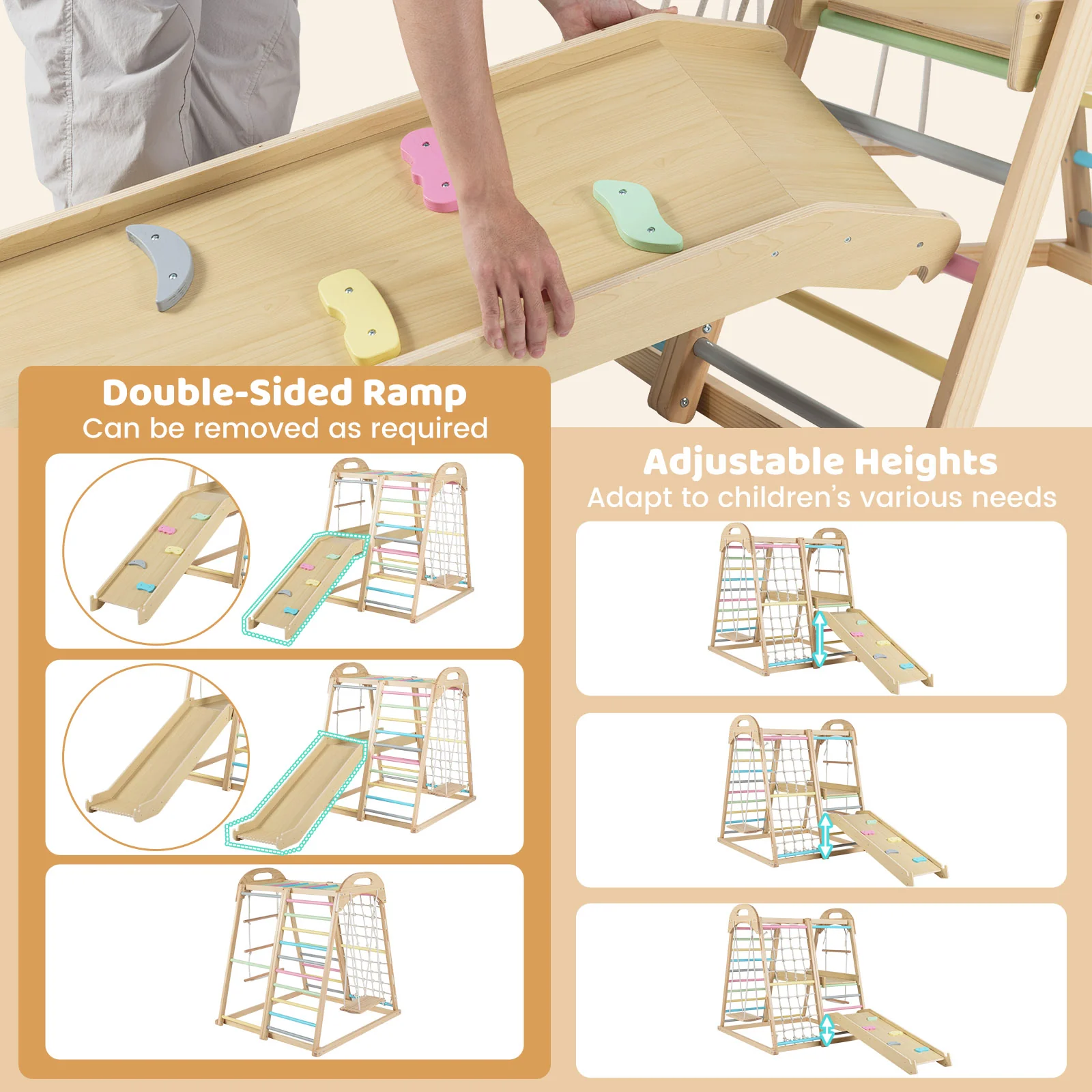 8-in-1 Jungle Gym Wooden Montessori Climber Playset with Slide and Monkey Bar for Kids 3-5 Years Old, Multicolor - Image 7