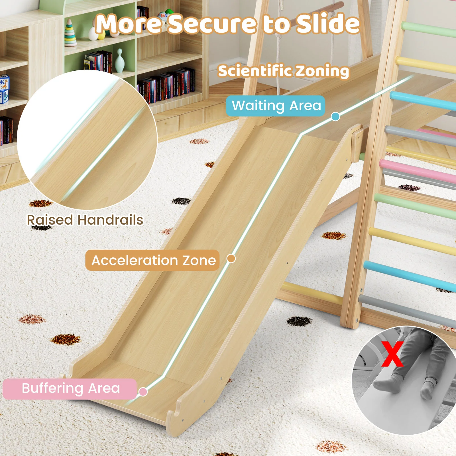 8-in-1 Jungle Gym Wooden Montessori Climber Playset with Slide and Monkey Bar for Kids 3-5 Years Old, Multicolor - Image 8