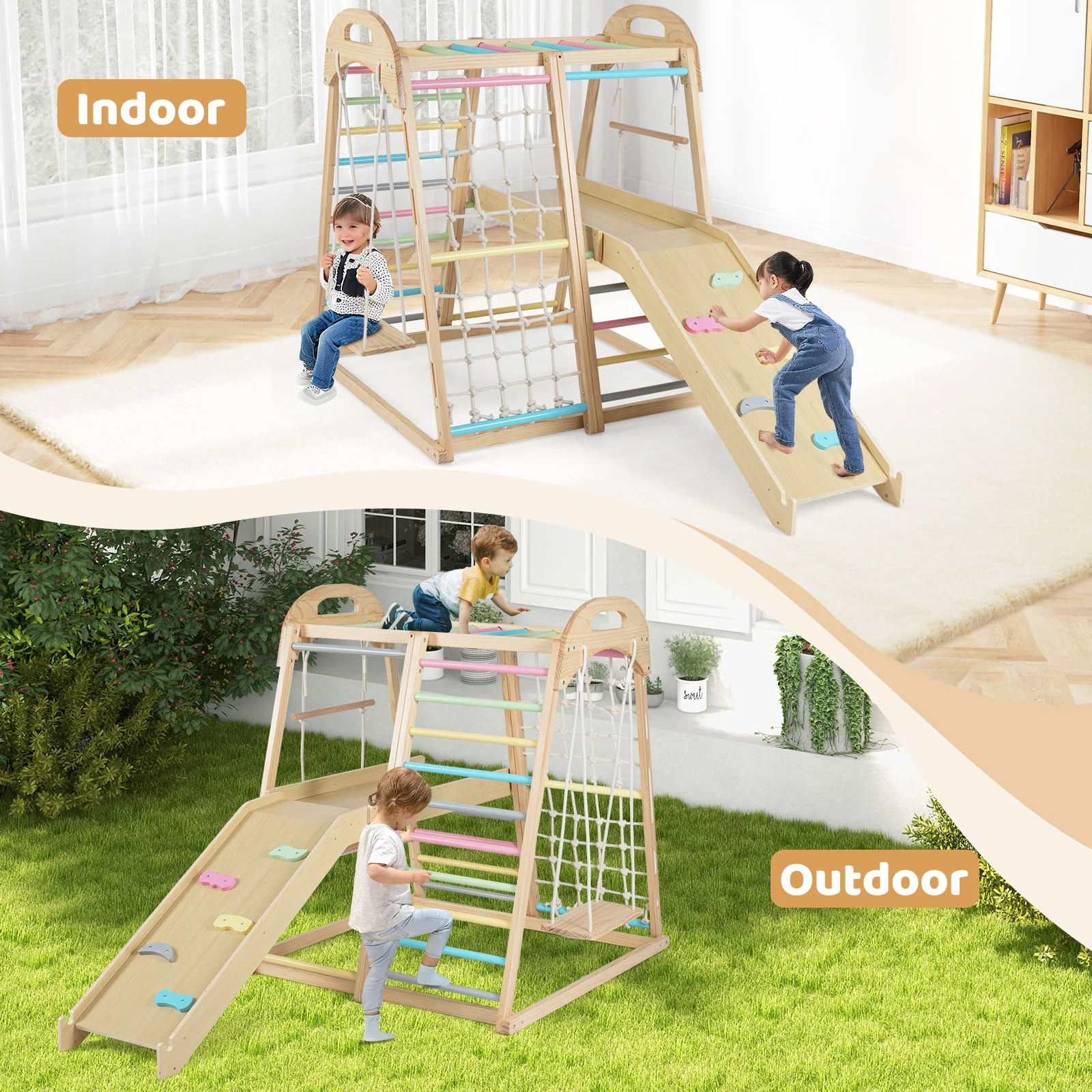 8-in-1 Jungle Gym Wooden Montessori Climber Playset with Slide and Monkey Bar for Kids 3-5 Years Old, Multicolor - Image 9