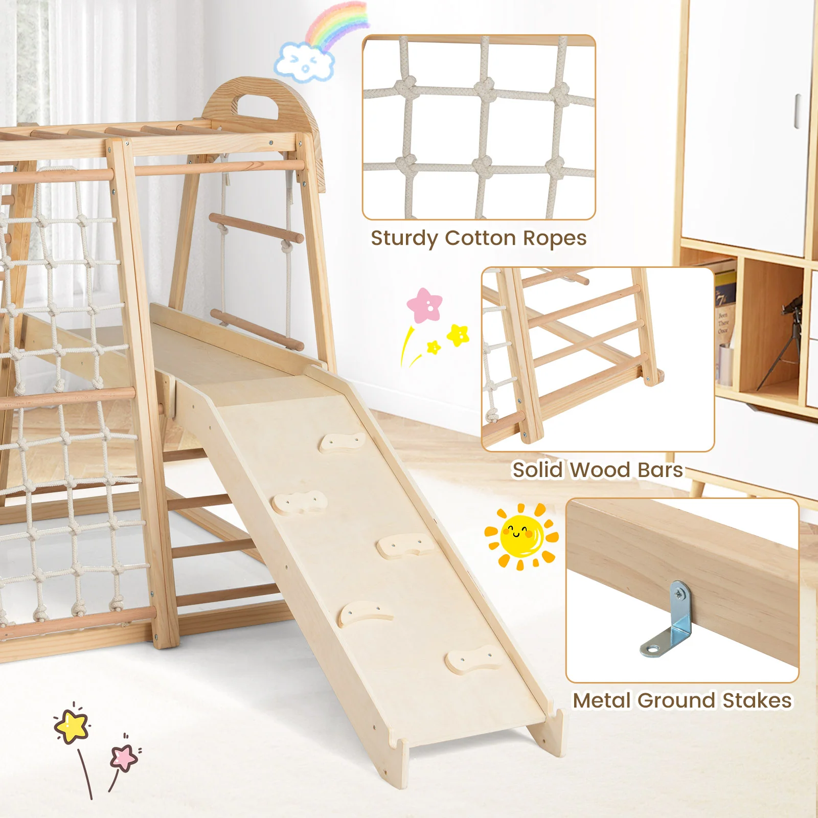 8-in-1 Jungle Gym Wooden Montessori Climber Playset with Slide and Monkey Bar for Kids 3-5 Years Old, Natural - Image 10