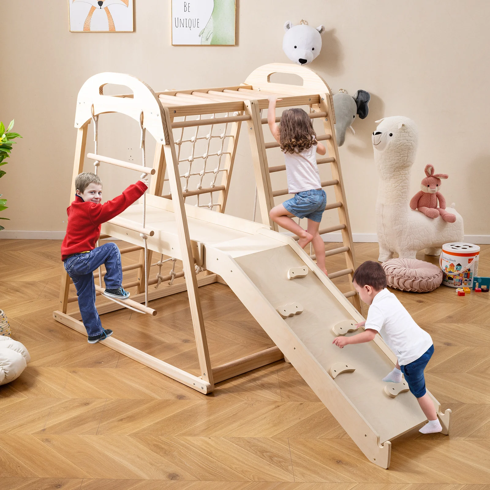 8-in-1 Jungle Gym Wooden Montessori Climber Playset with Slide and Monkey Bar for Kids 3-5 Years Old, Natural - Image 2