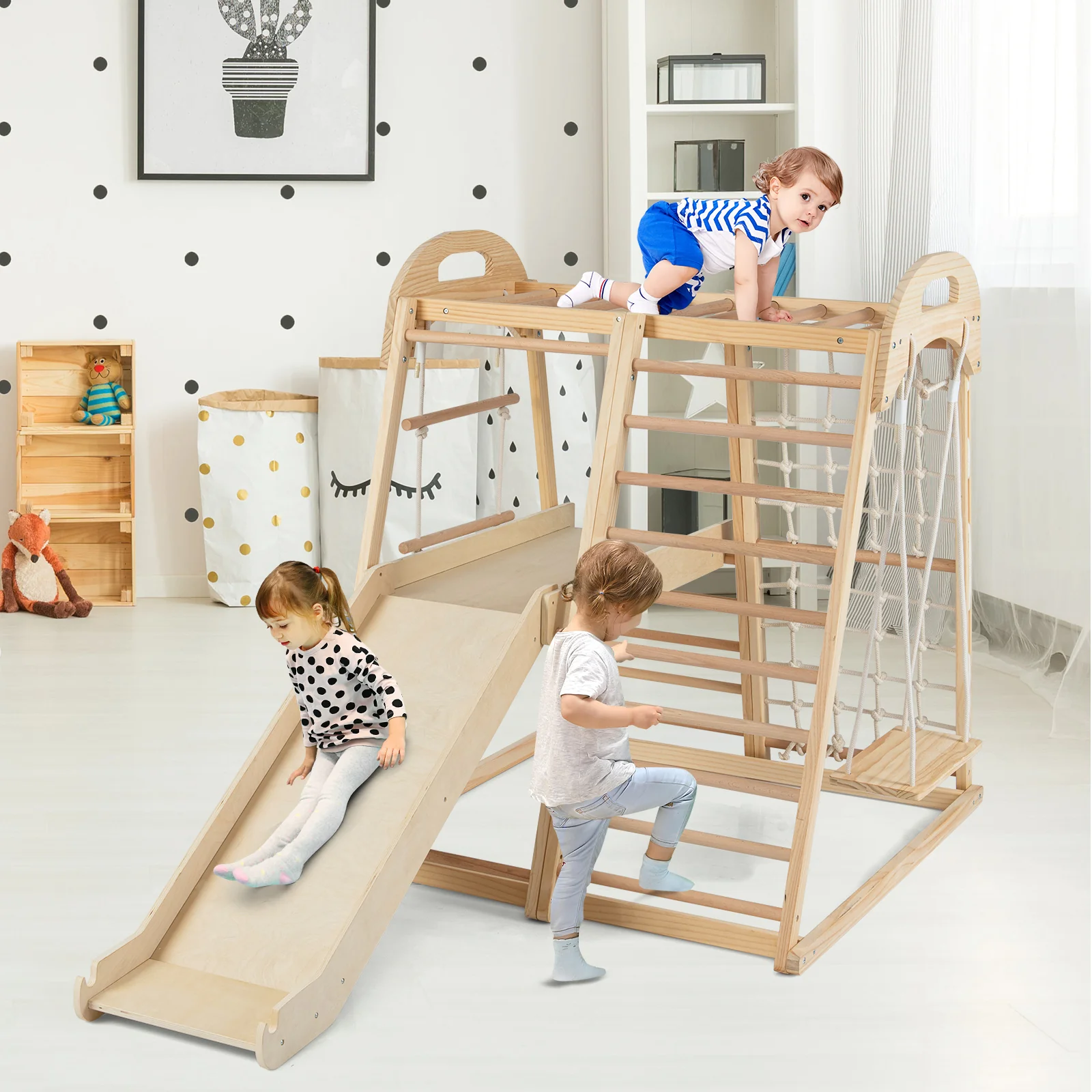 8-in-1 Jungle Gym Wooden Montessori Climber Playset with Slide and Monkey Bar for Kids 3-5 Years Old, Natural - Image 3