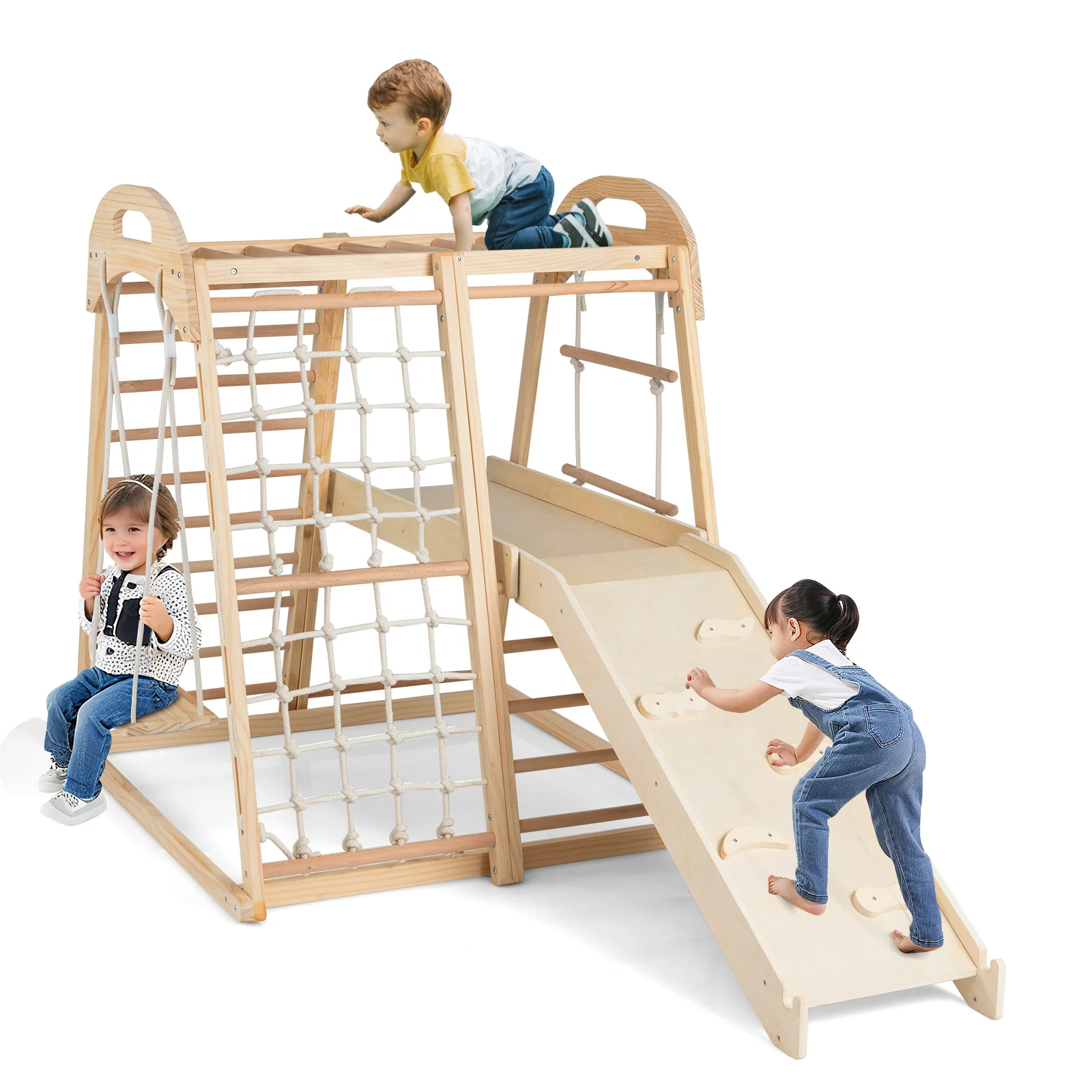 8-in-1 Jungle Gym Wooden Montessori Climber Playset with Slide and Monkey Bar for Kids 3-5 Years Old, Natural - Image 4