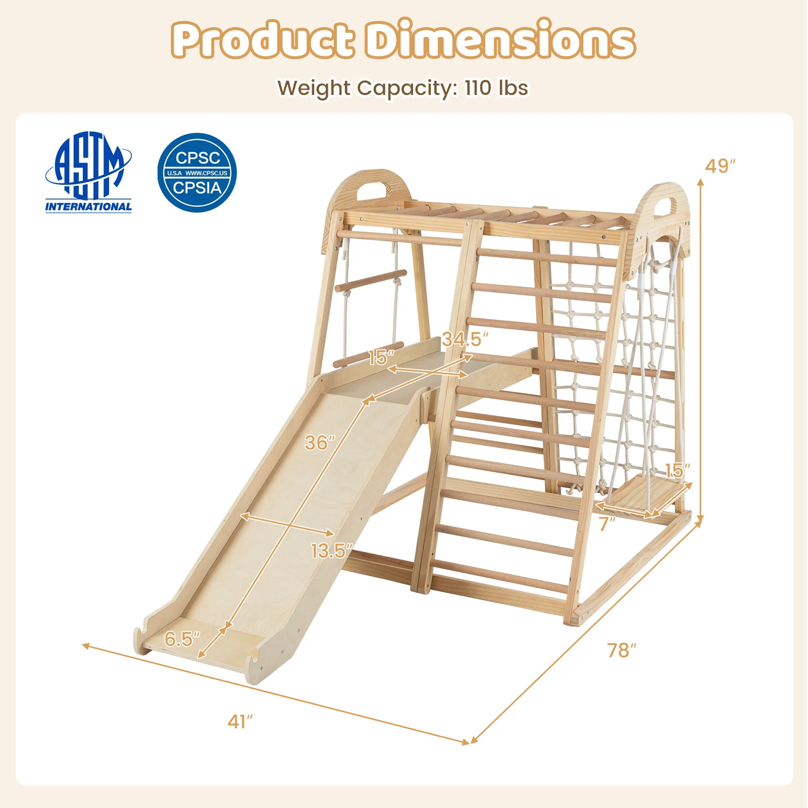 8-in-1 Jungle Gym Wooden Montessori Climber Playset with Slide and Monkey Bar for Kids 3-5 Years Old, Natural - Image 5