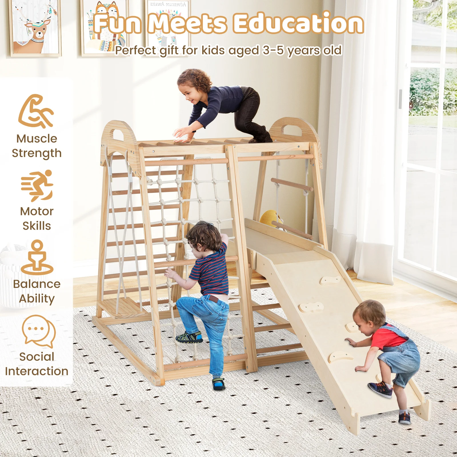 8-in-1 Jungle Gym Wooden Montessori Climber Playset with Slide and Monkey Bar for Kids 3-5 Years Old, Natural - Image 6
