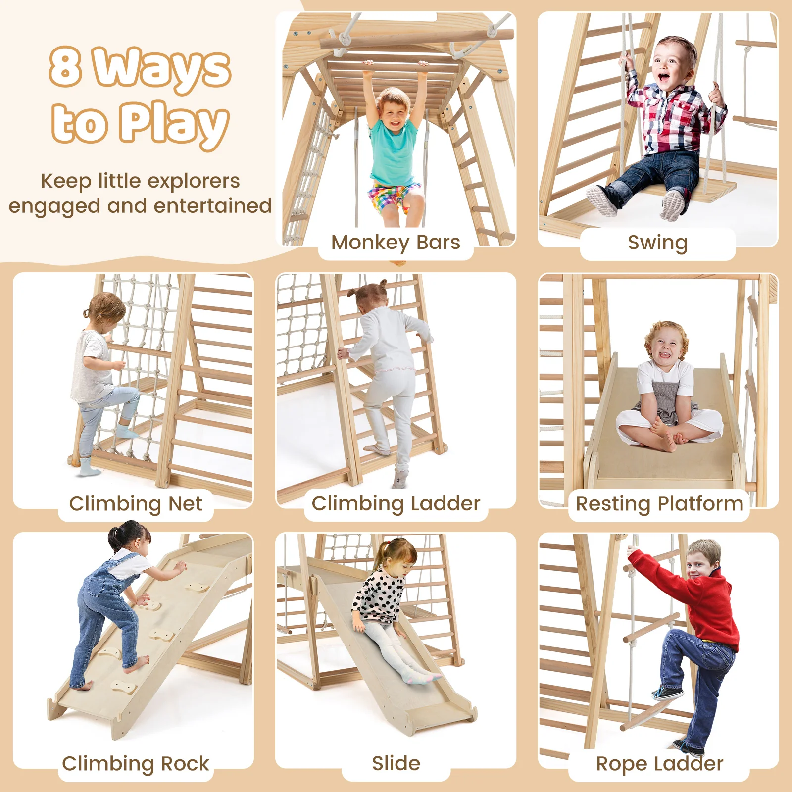 8-in-1 Jungle Gym Wooden Montessori Climber Playset with Slide and Monkey Bar for Kids 3-5 Years Old, Natural - Image 7