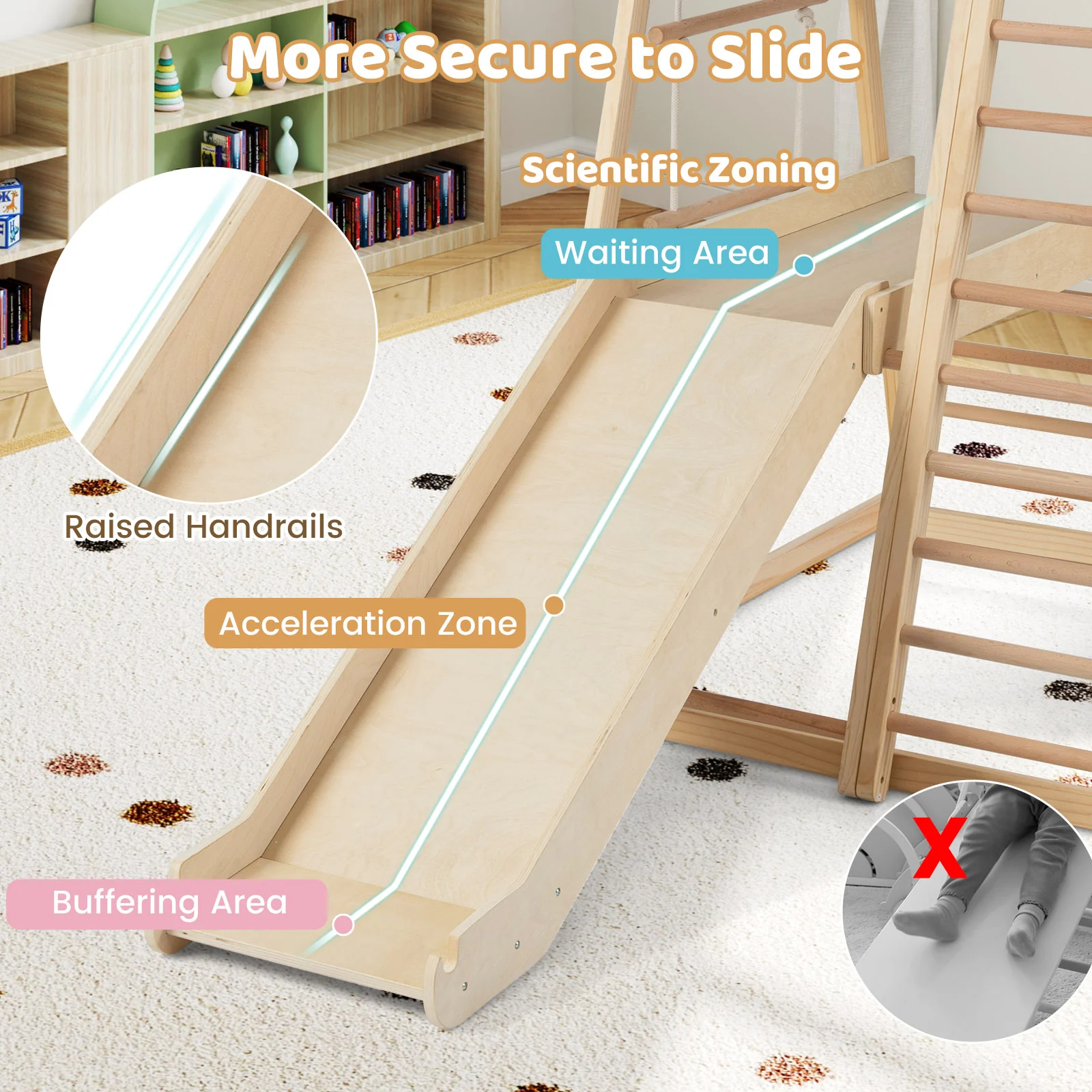8-in-1 Jungle Gym Wooden Montessori Climber Playset with Slide and Monkey Bar for Kids 3-5 Years Old, Natural - Image 9