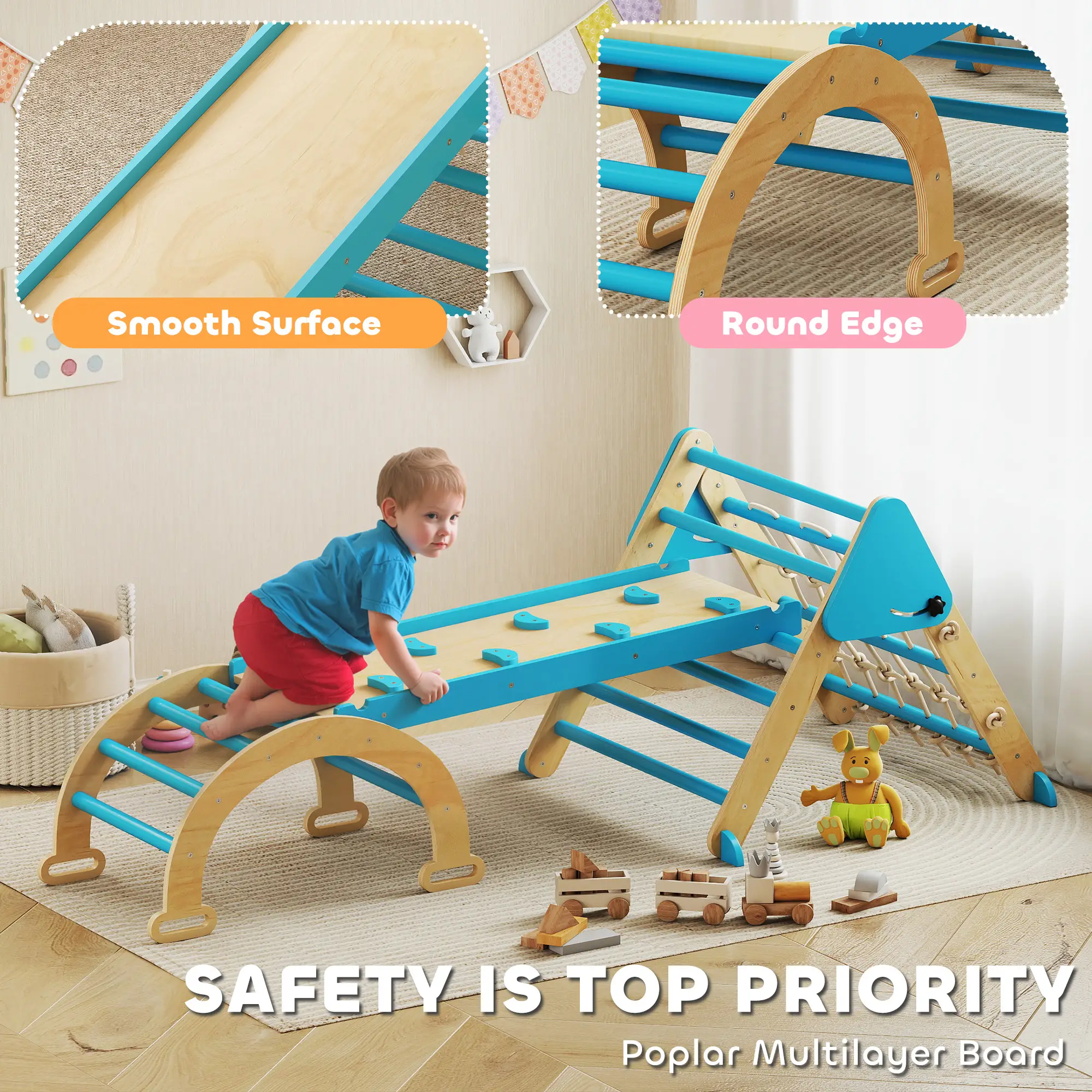 8-in-1 Pikler Triangle Set, Foldable Wooden Climbing Toys, Blue - Image 5