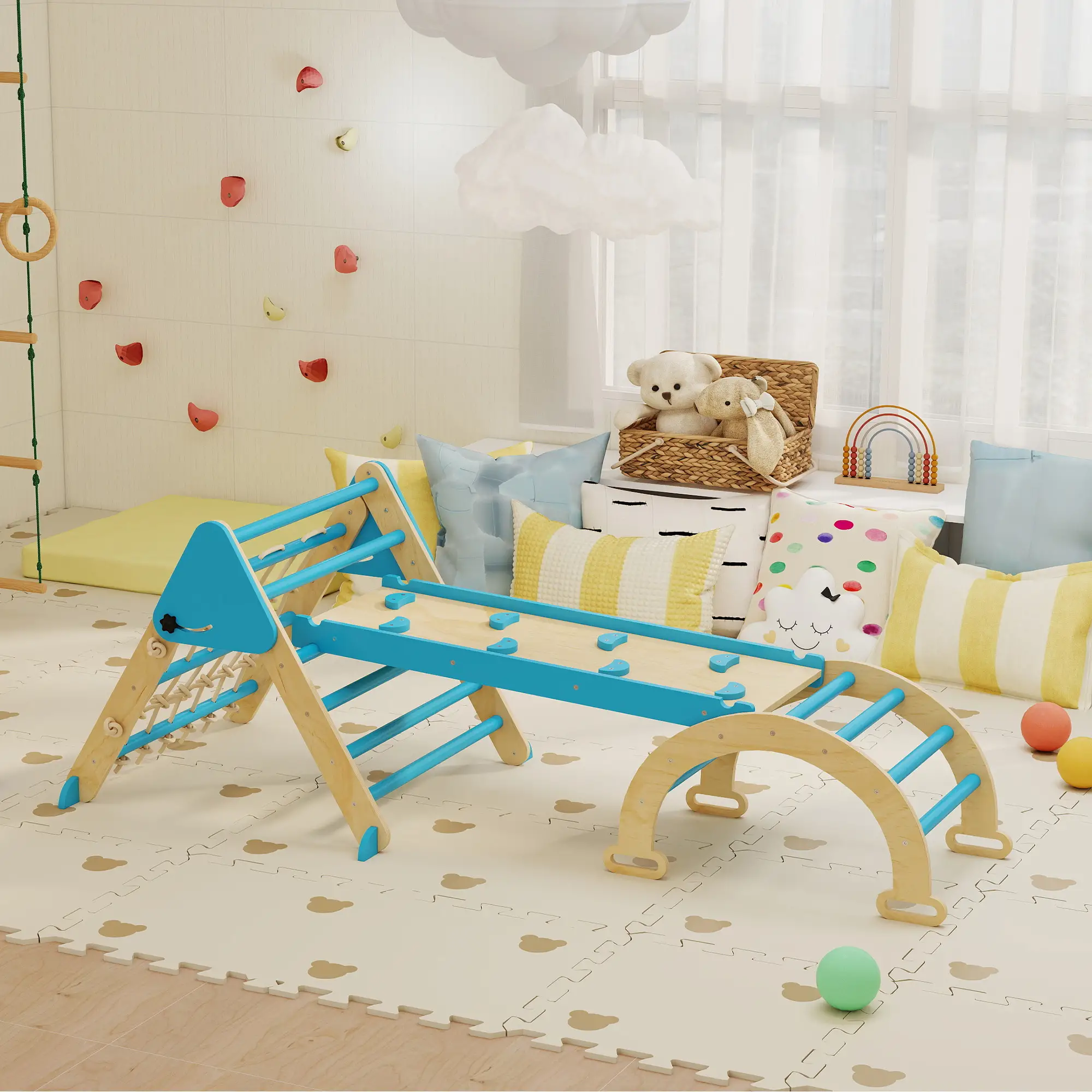 8-in-1 Pikler Triangle Set, Foldable Wooden Climbing Toys, Blue - Image 8